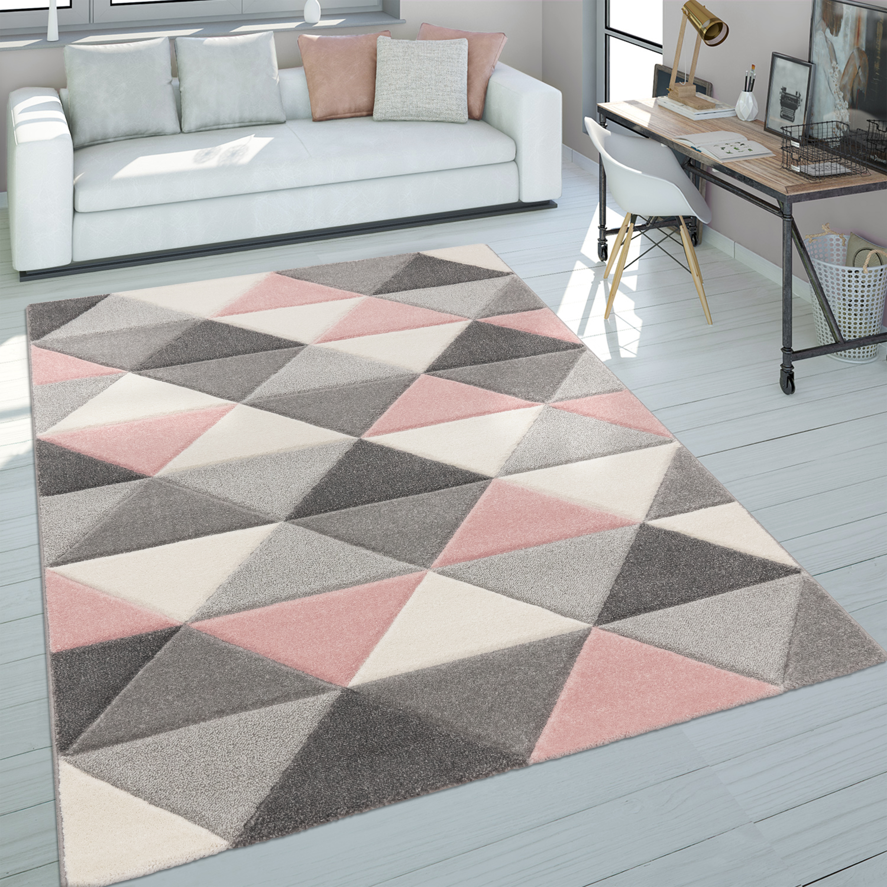 Teppich Esszimmer Rauten Geometrisches Design 3D Pink Modern