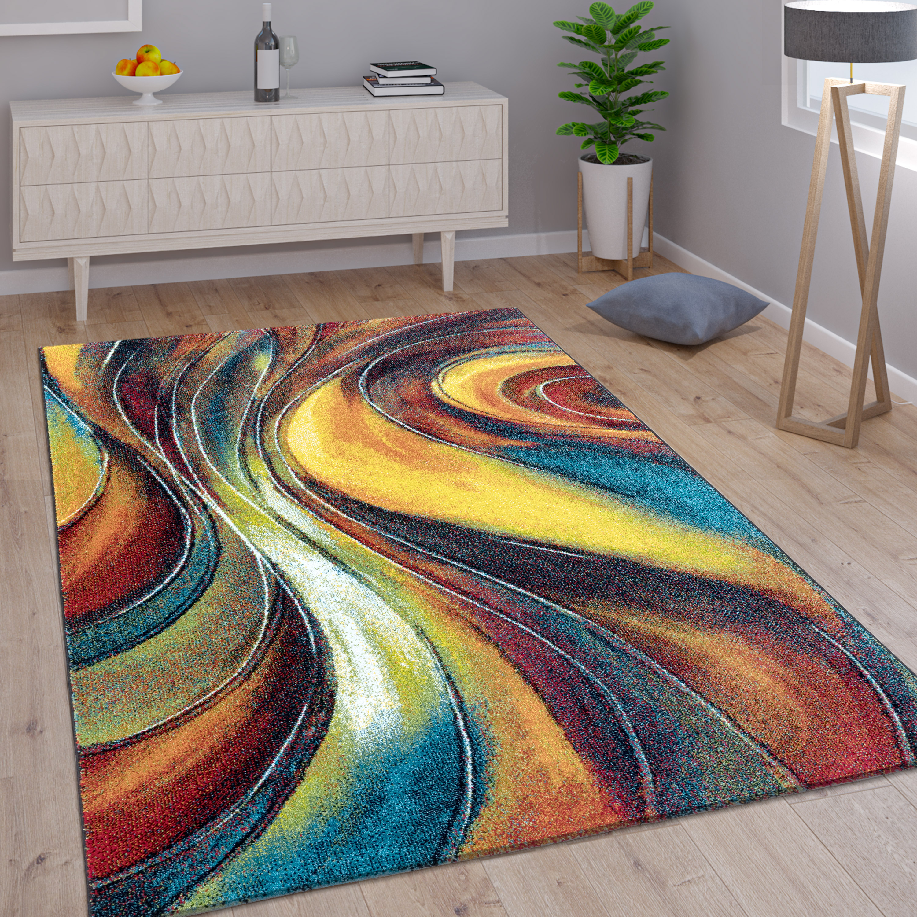 Wohnzimmer Teppich Modern Farbmix Muster Kurzflor Mehrfarbig 