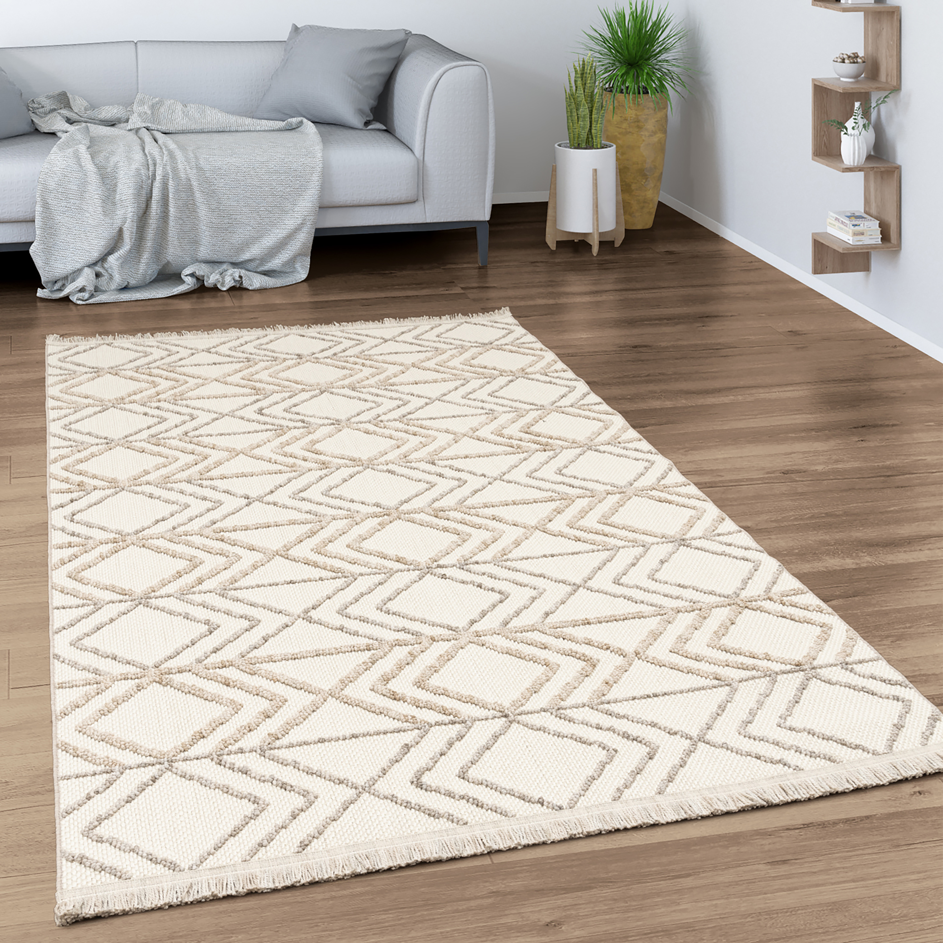 Teppich Schlafzimmer Geometrisches Boho Muster Beige Skandinavisch