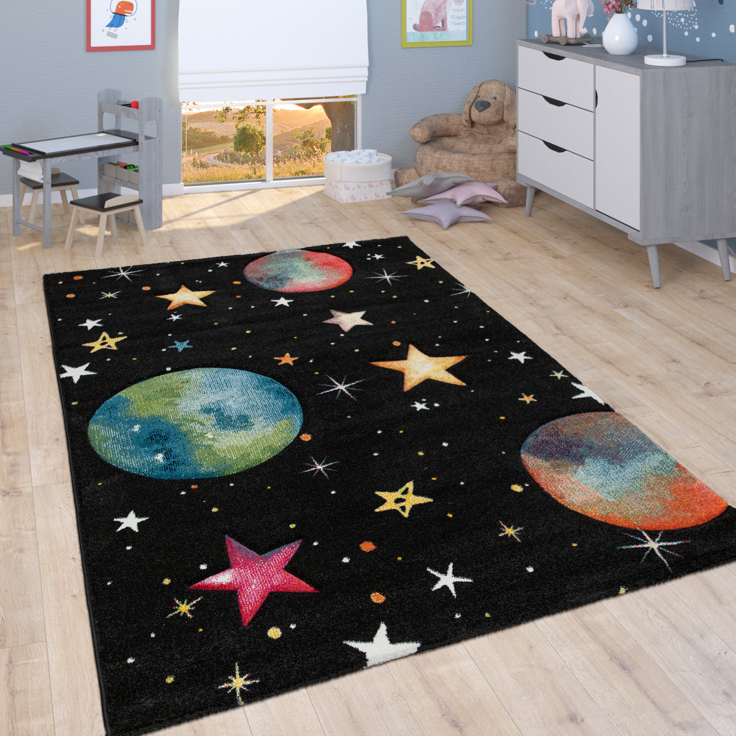 Spiel-Teppich Kinderzimmer Planeten Sterne Schwarz 
