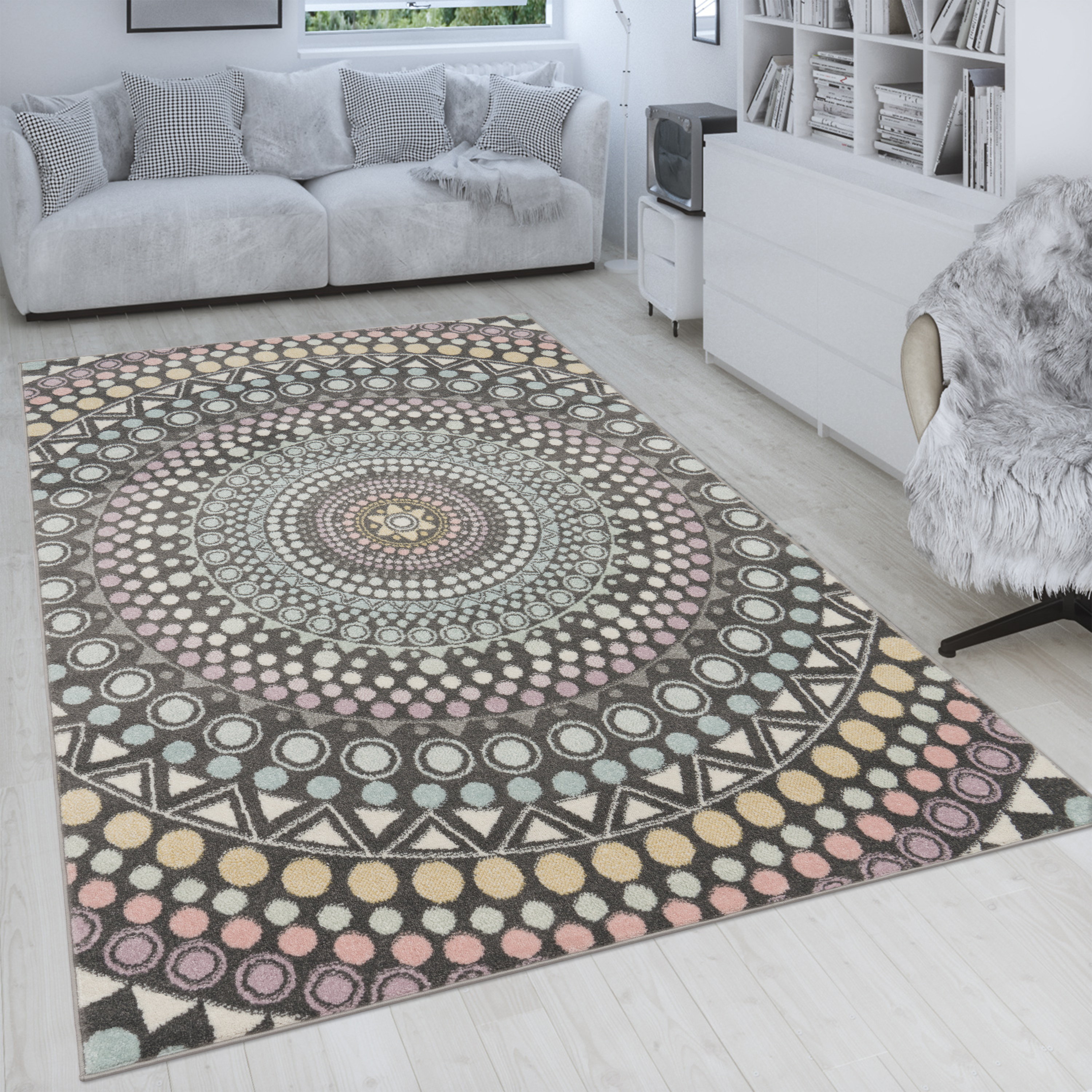 Retro Teppich Wohnzimmer Kreis Punkte 3-D Muster Mehrfarbig 