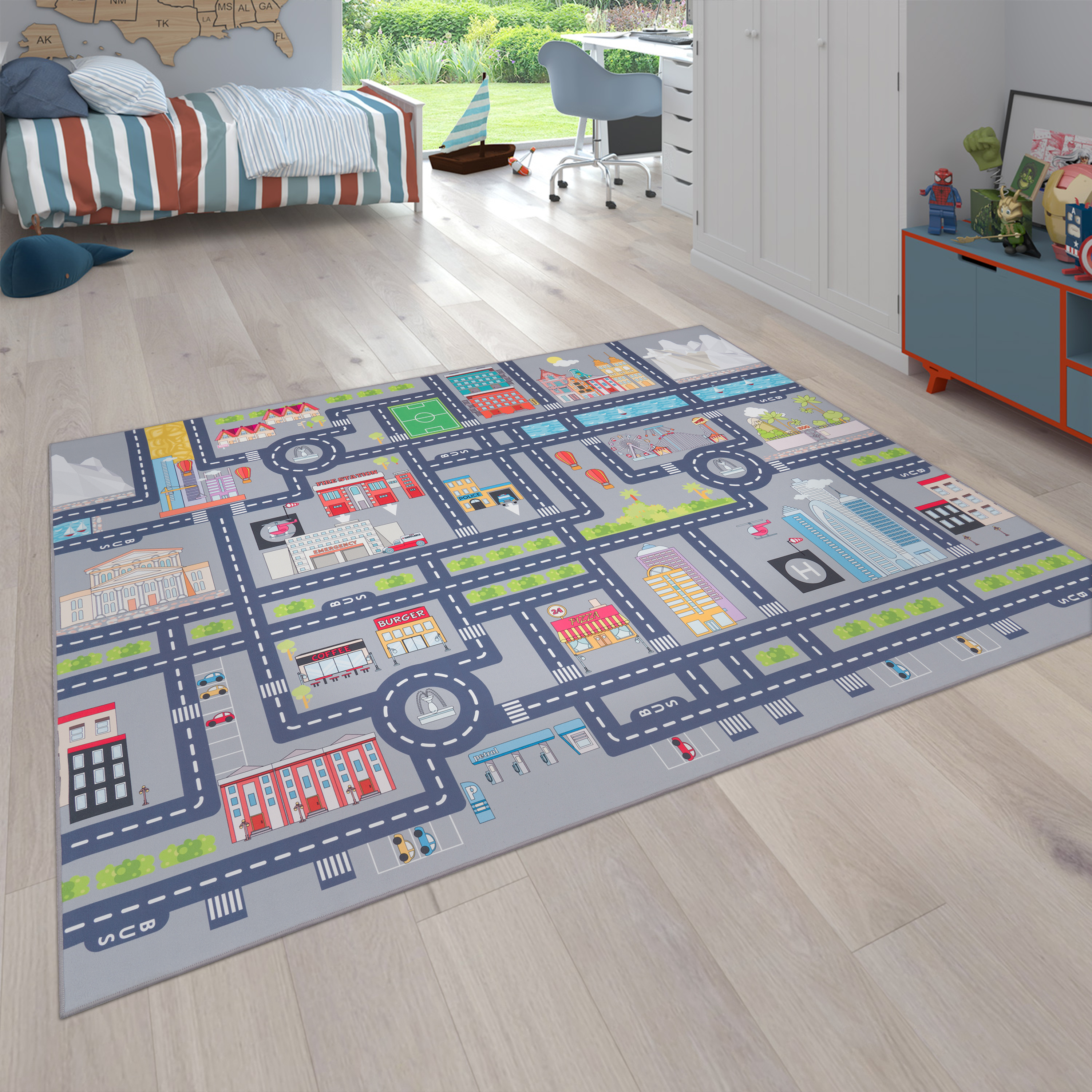 Teppich Kinderzimmer Spielteppich Straßen Motiv Grau 