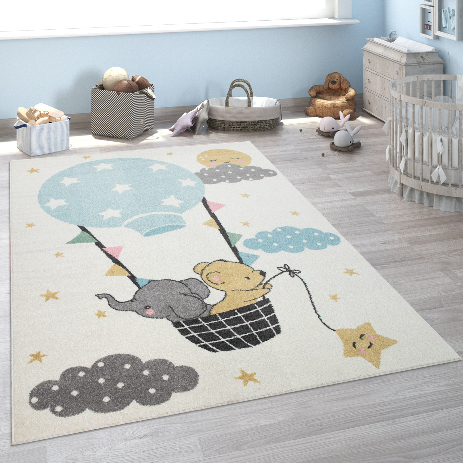 Kinder-Teppich Kinderzimmer Elefant Bär Mond Beige Mit Motiv