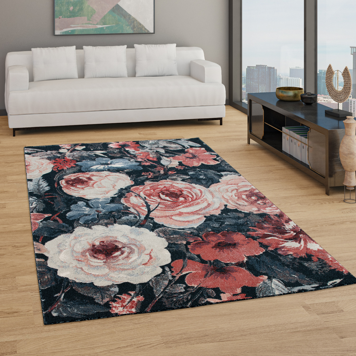 Teppich Wohnzimmer Boho Design Floralem Muster Mehrfarbig 