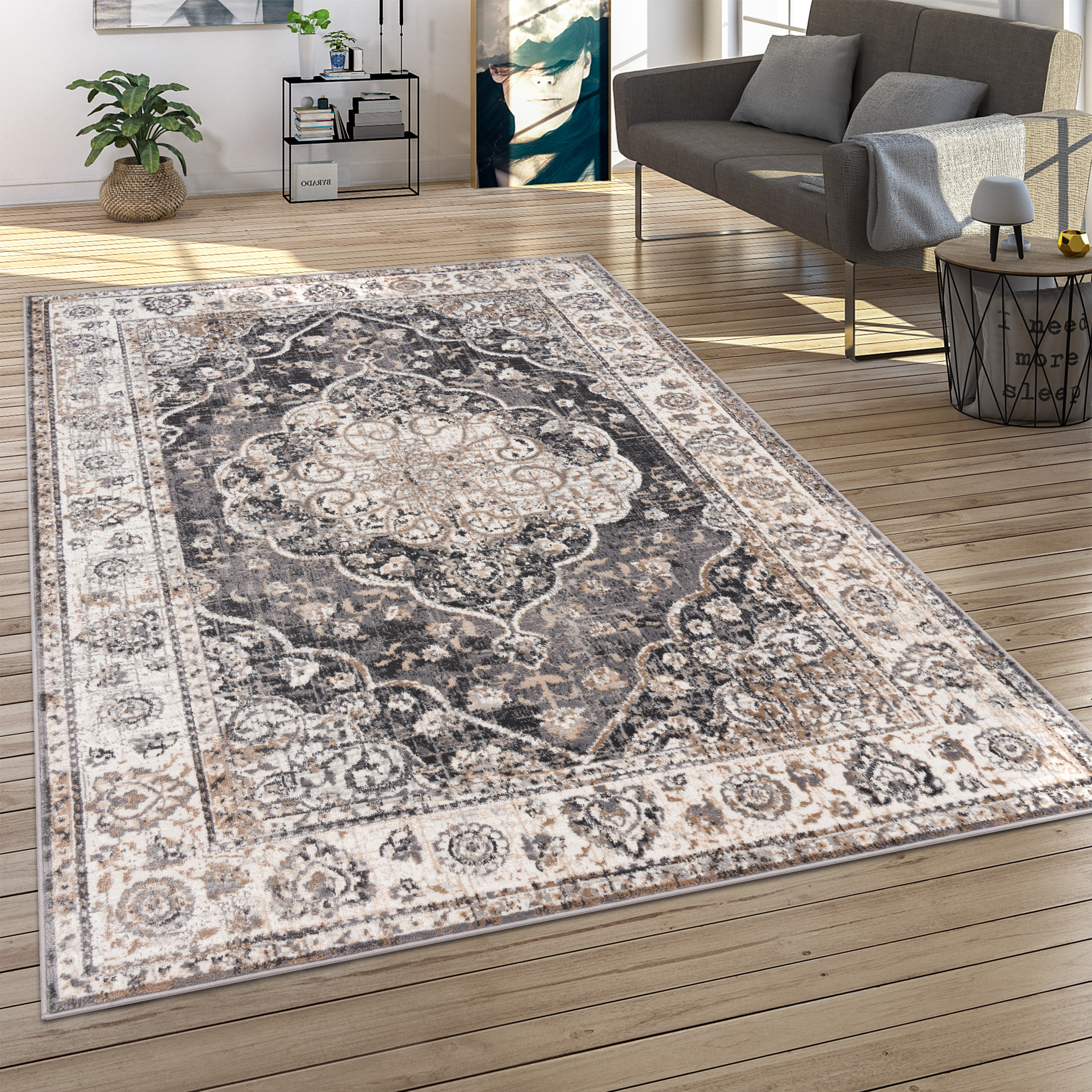 Teppich Esszimmer Mandala Motiv Umrandung Grau Orientalisch