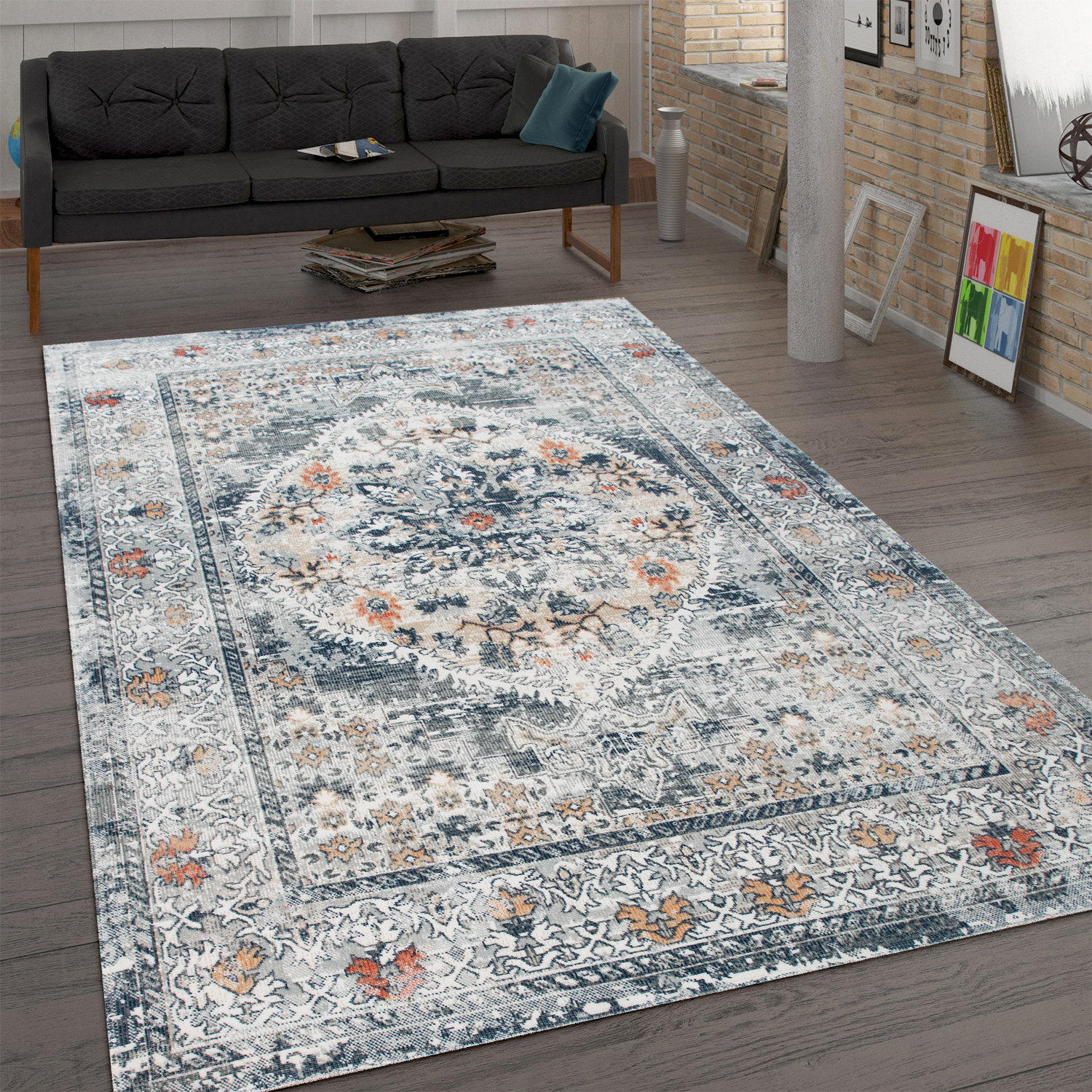 Teppich Orient-Design Flachgewebe Wohnzimmer Blau 