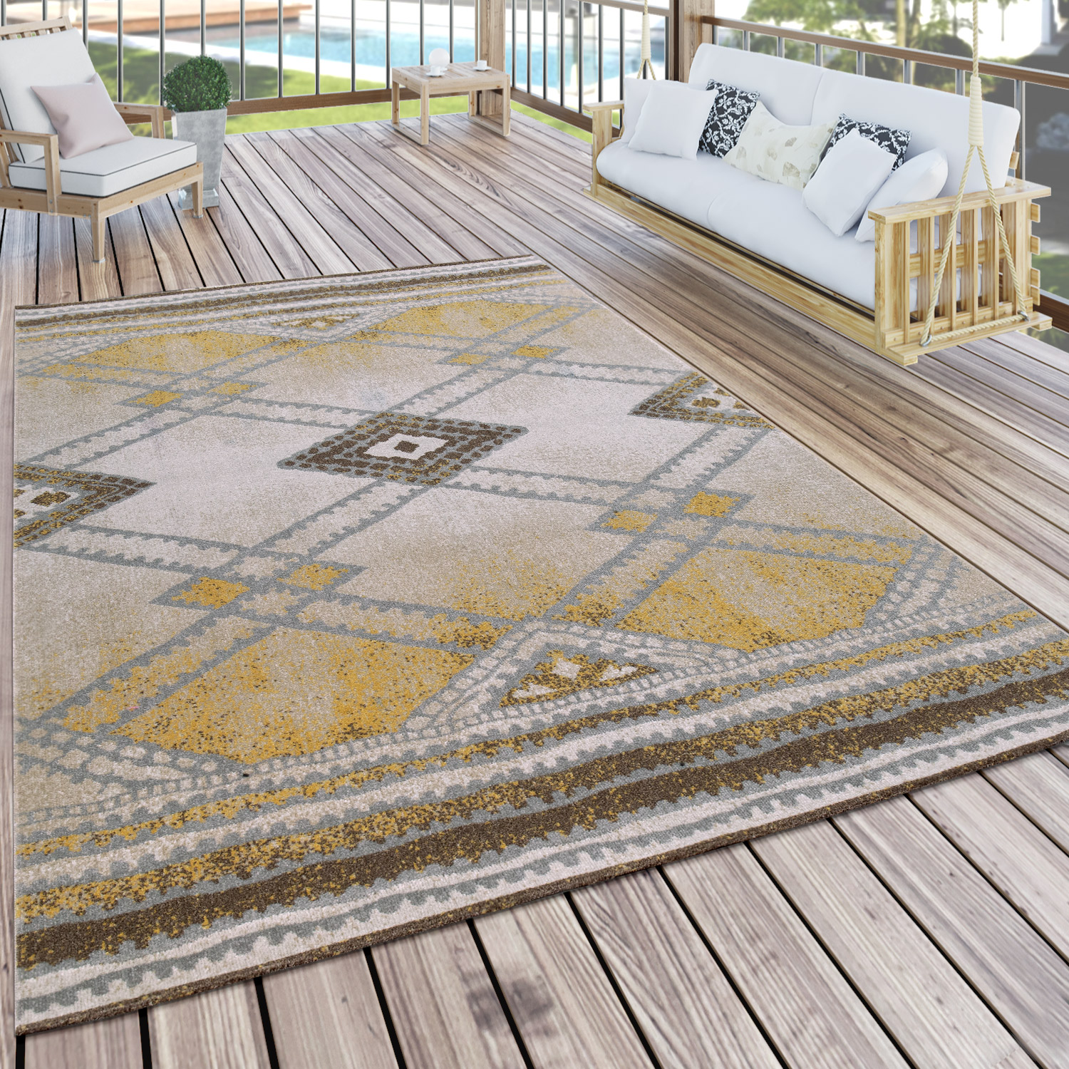 Outdoor Teppich Ethno Design Terrasse Balkon Gelb 