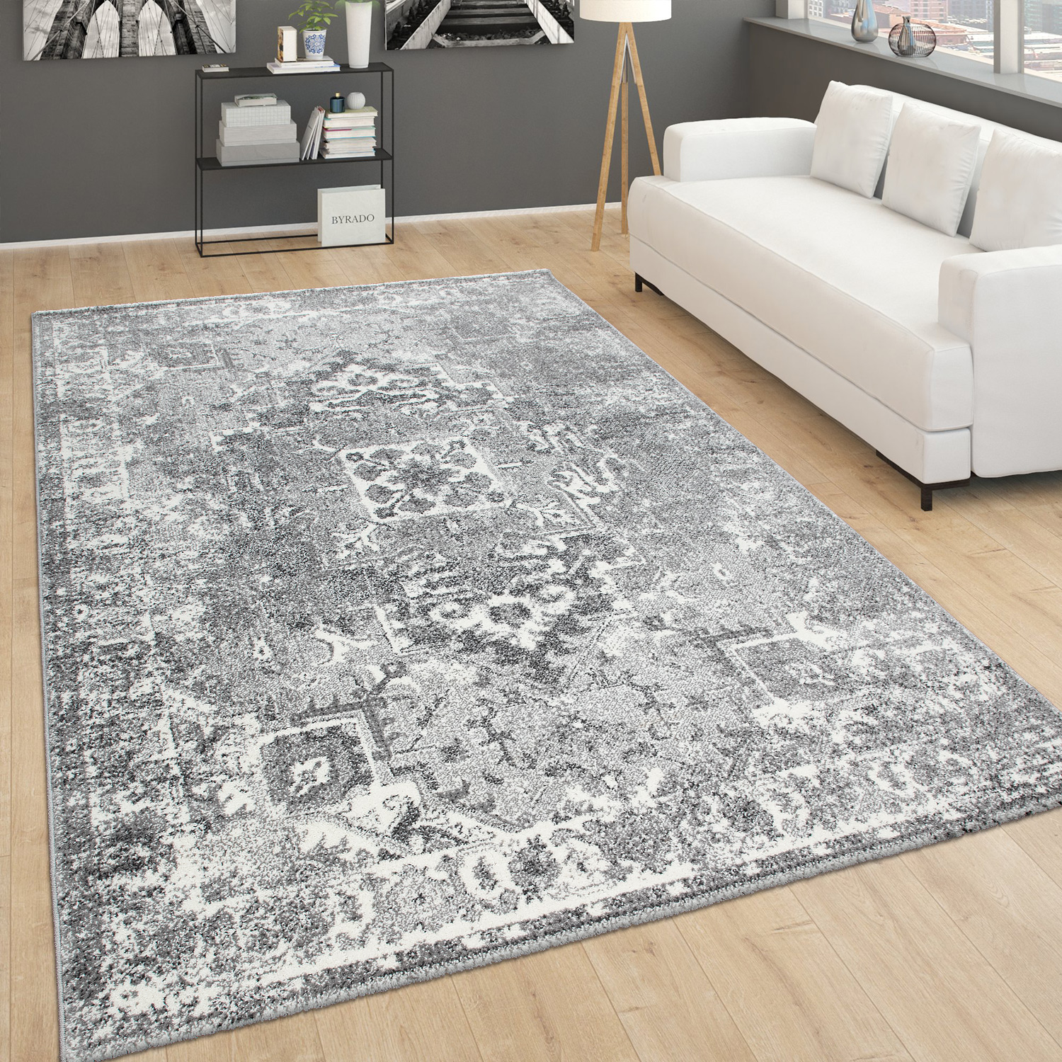 Teppich Für Wohnzimmer, Vintage-Kurzflor Mit Orient-Look, Meliert Grau Vintage