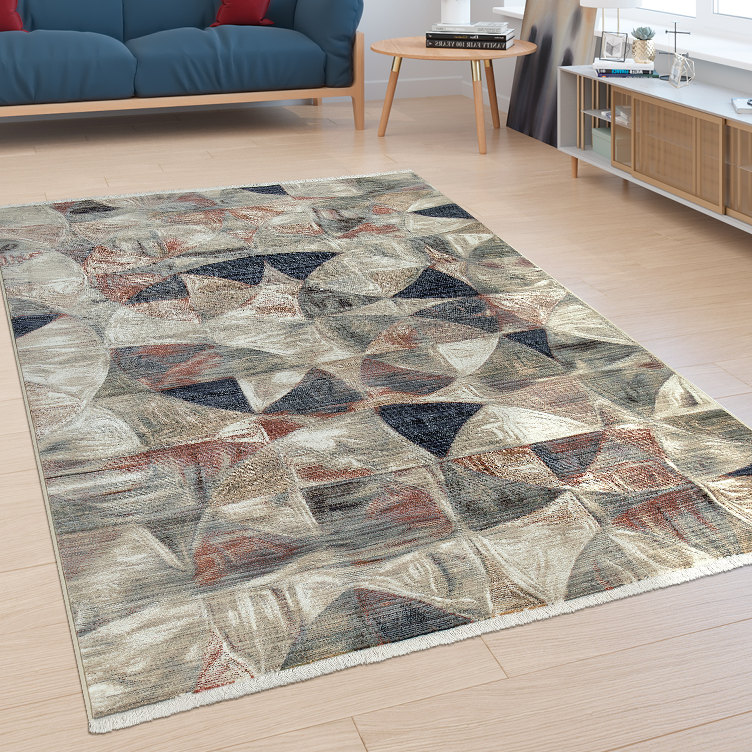 Kurzflor Wohnzimmer Teppich Orient Muster Design Beige 