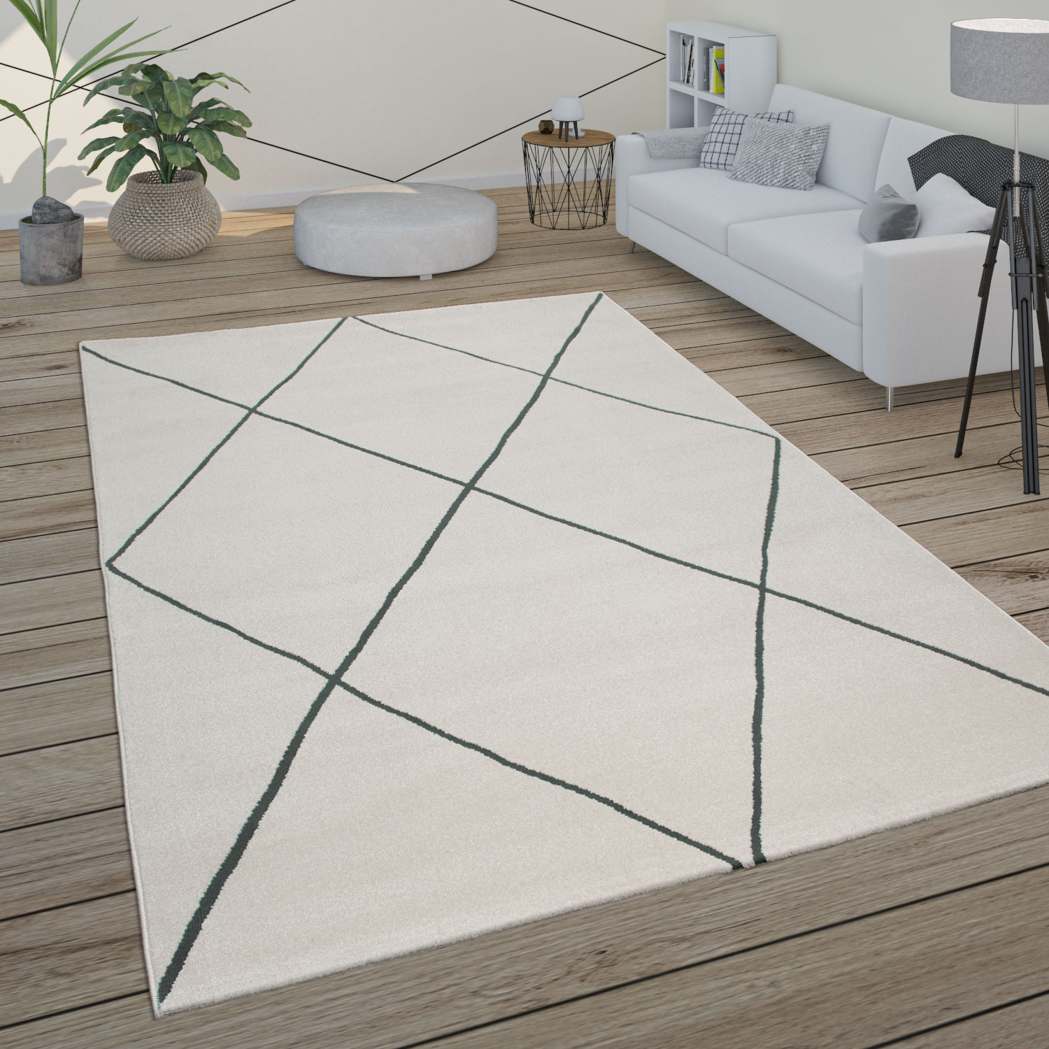 Teppich Wohnzimmer Modernes Skandi Rauten Muster Weiß 