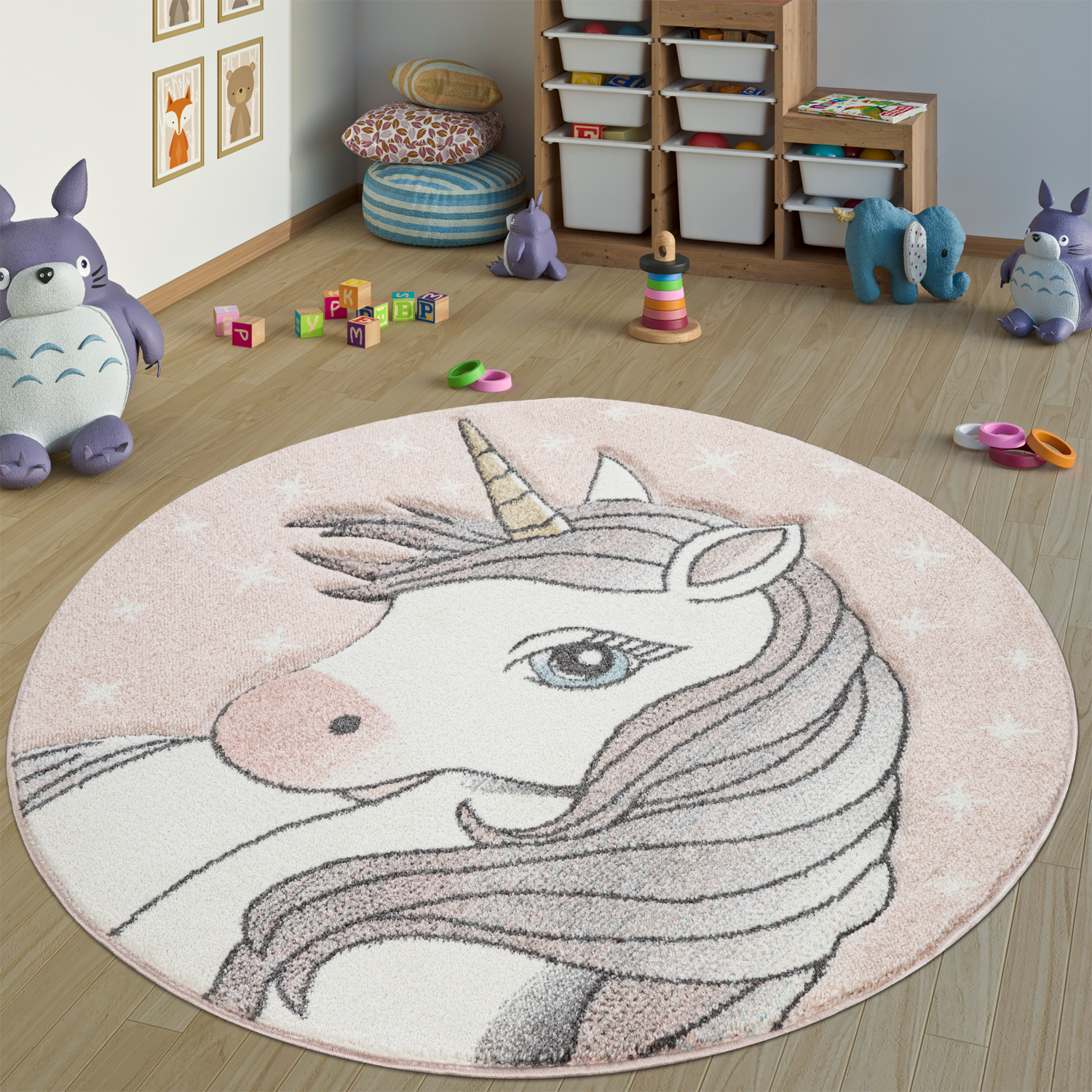 Kinderteppich Kinderzimmer Rund Einhorn Motiv Pink 