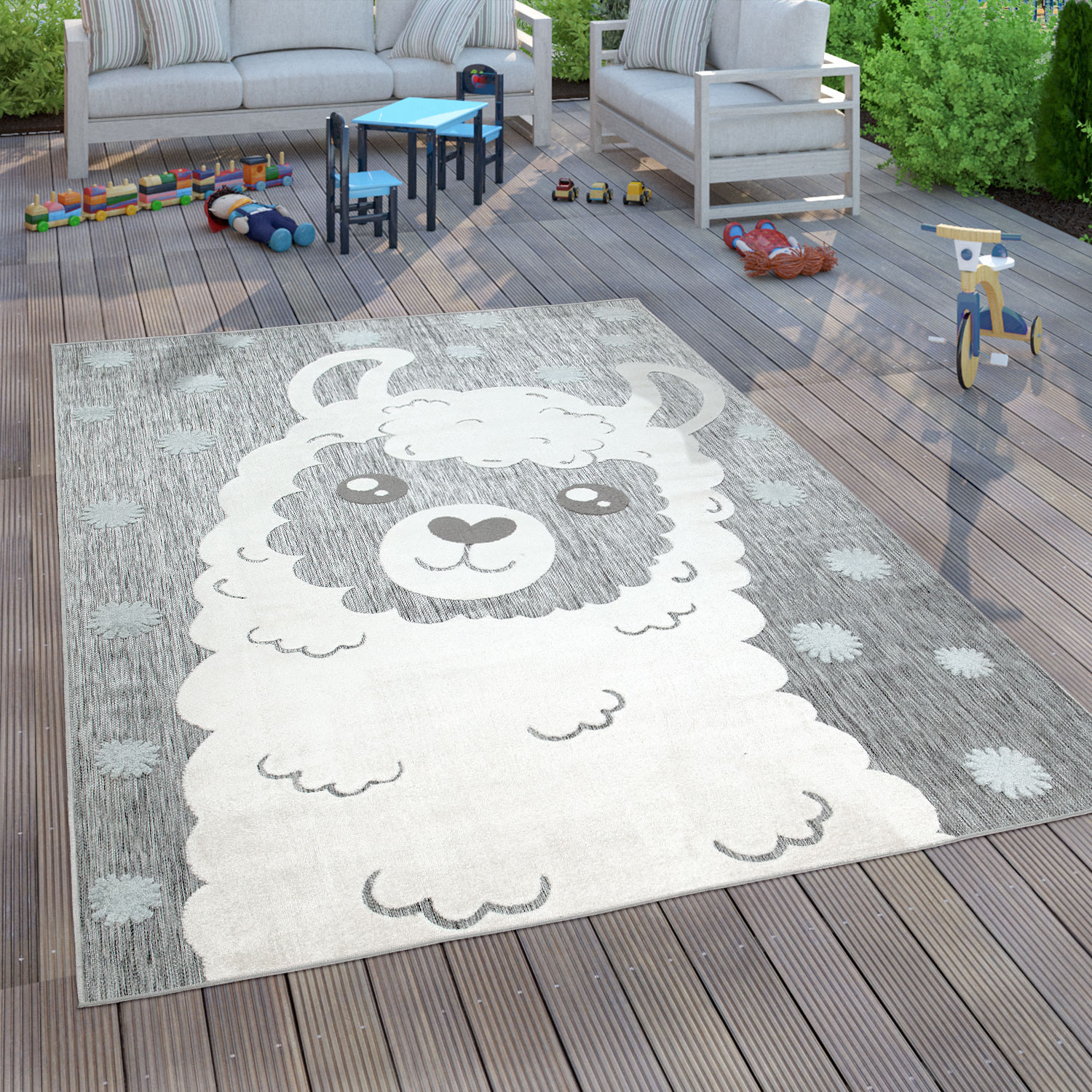 In- & Outdoor Kinderteppich Kinderzimmer Spielteppich Lama Motiv Grau 