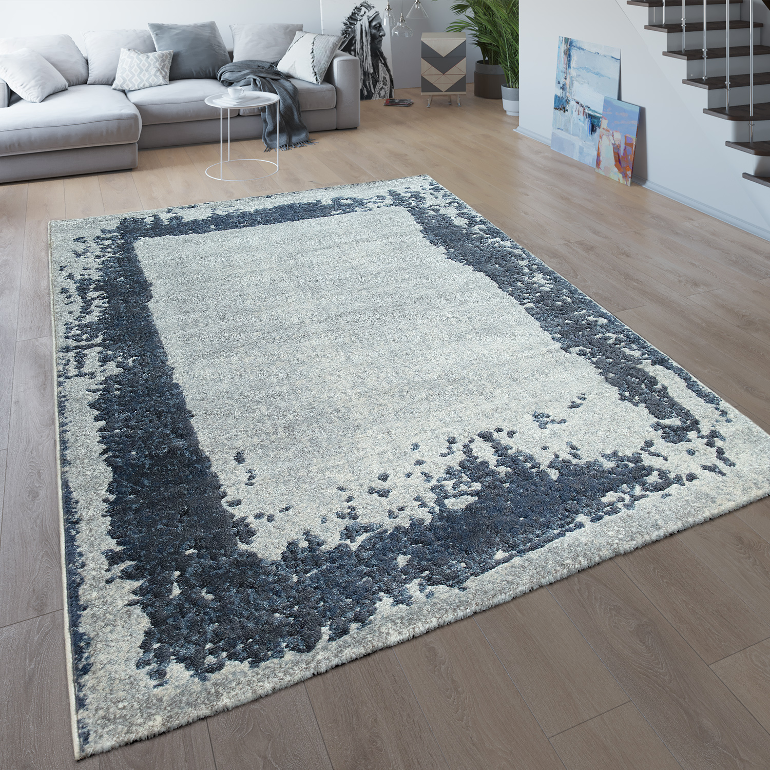 Wohnzimmer-Teppich Kurzflor Moderner Bordüre Blau 