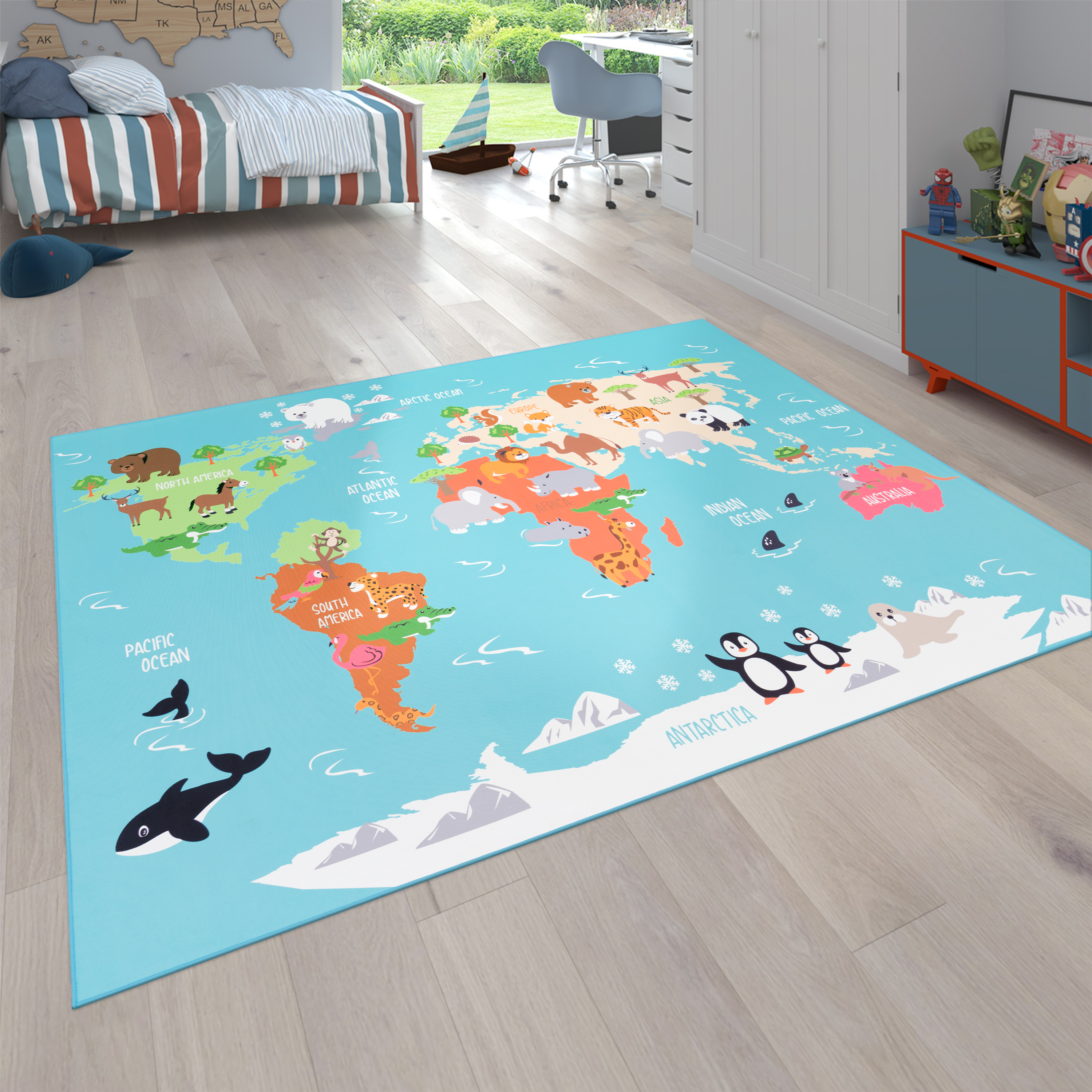 Spielteppich Kinderzimmer Weltkarte Tier Kontinent Türkis 