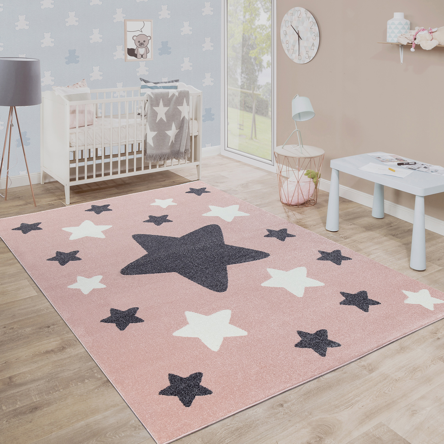 Kinderteppich Kinderzimmer Sterne Kurzflor Pink 