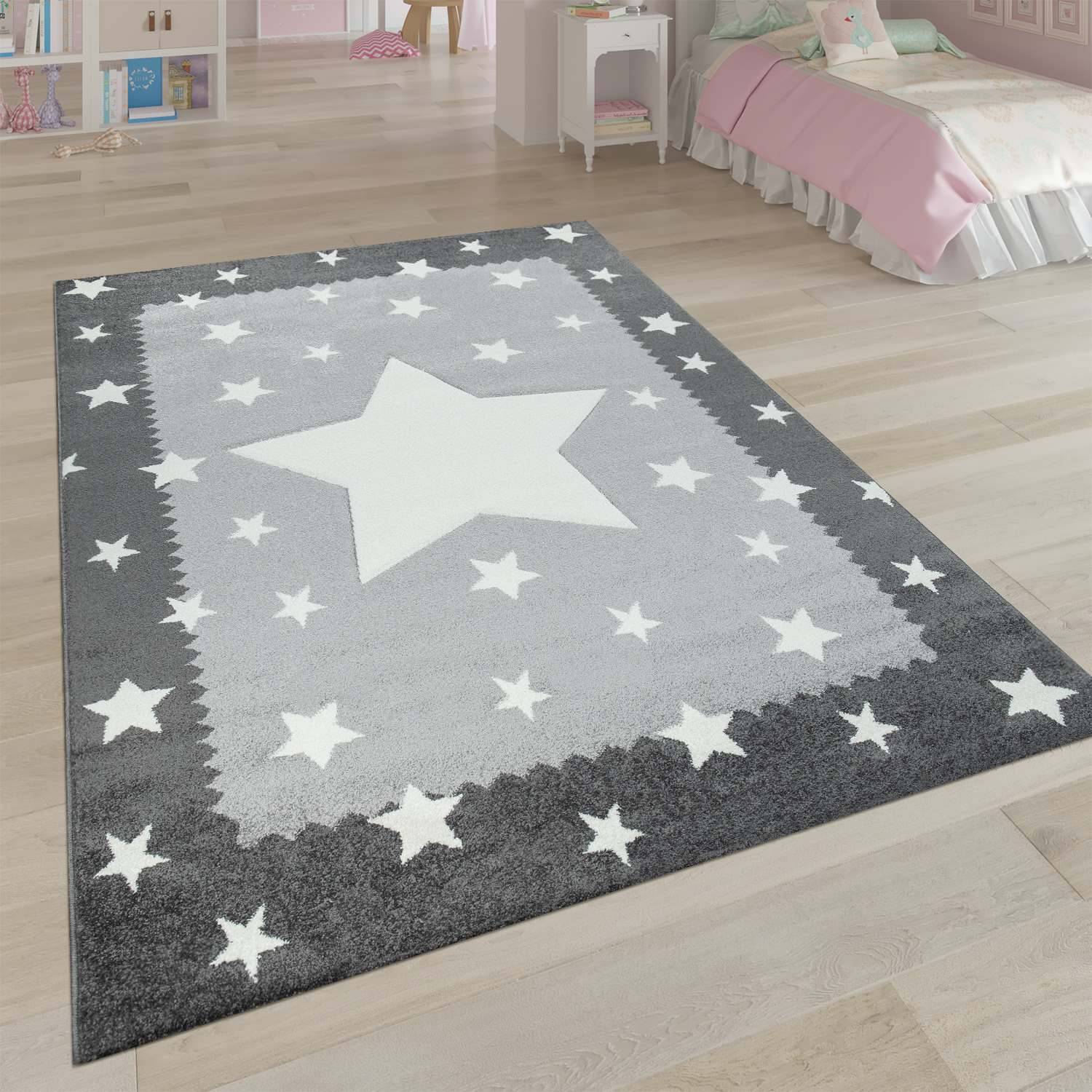 Teppich Kinderzimmer Pastell 3-D Stern Bordüre Grau 