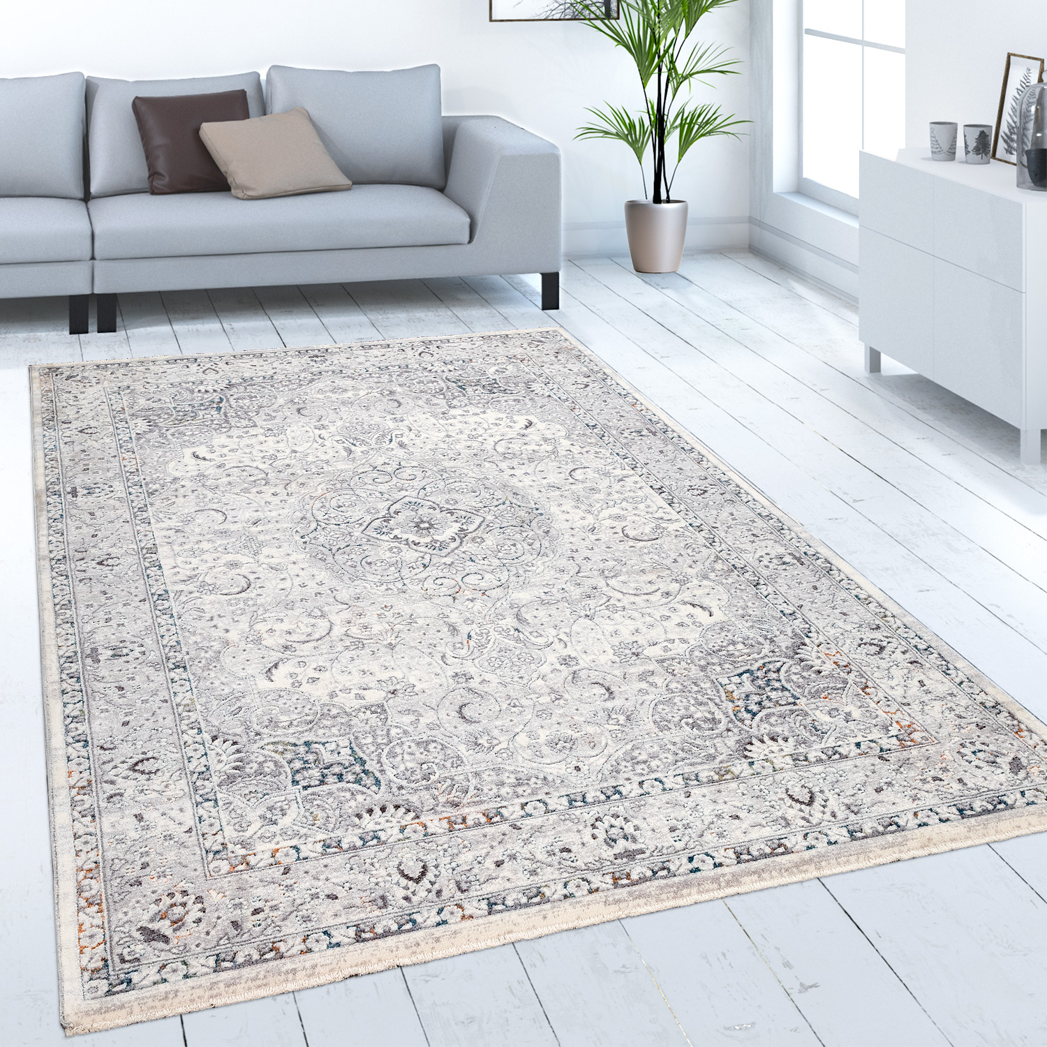 Teppich Wohnzimmer Orientalisches Muster Bordüre Beige 