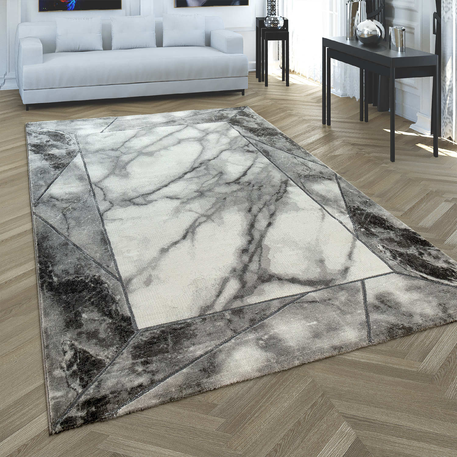 Wohnzimmer Teppich 3-D Bordüre Marmor Muster Grau 