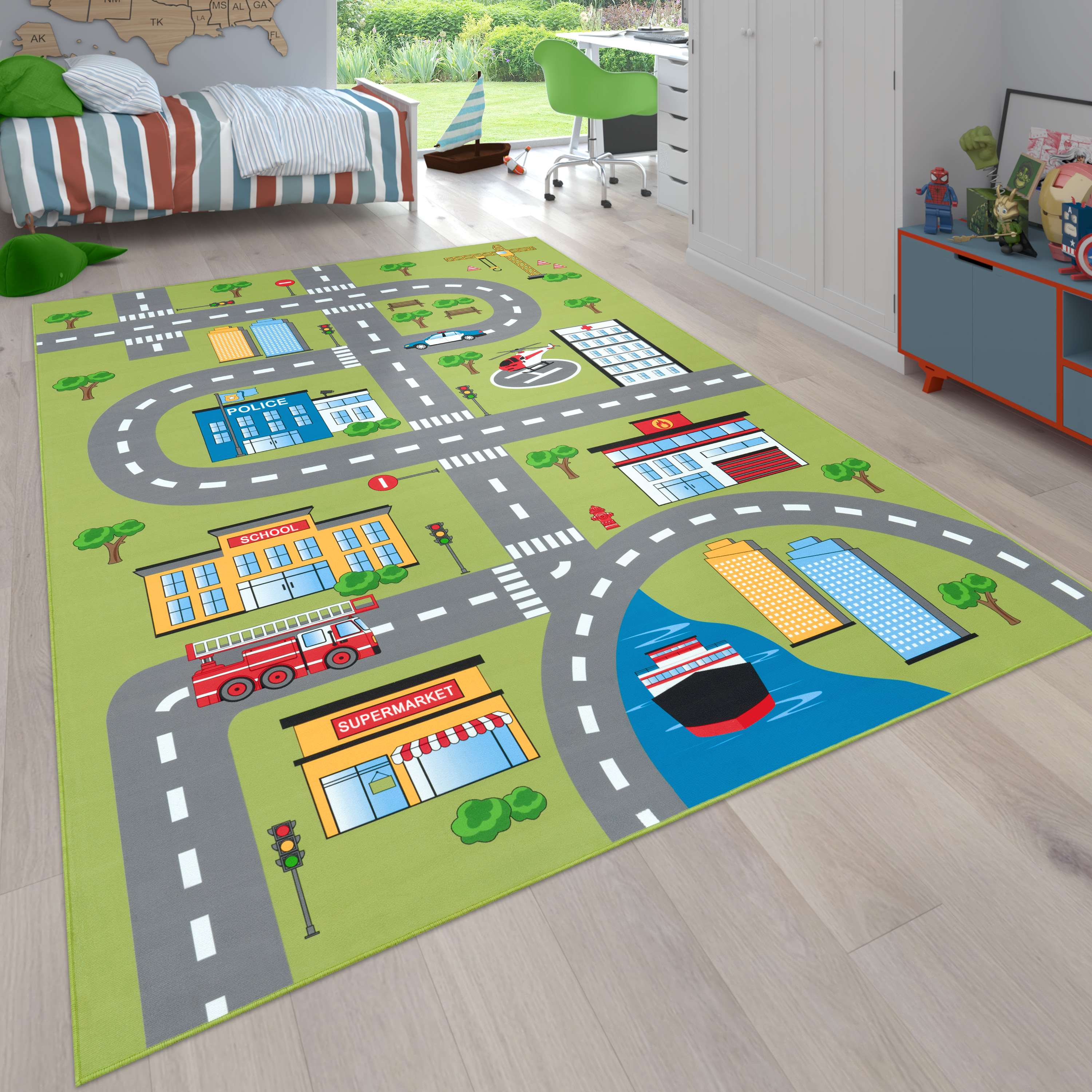 Kinder-Teppich Kinderzimmer Straßen-Motiv Grün 