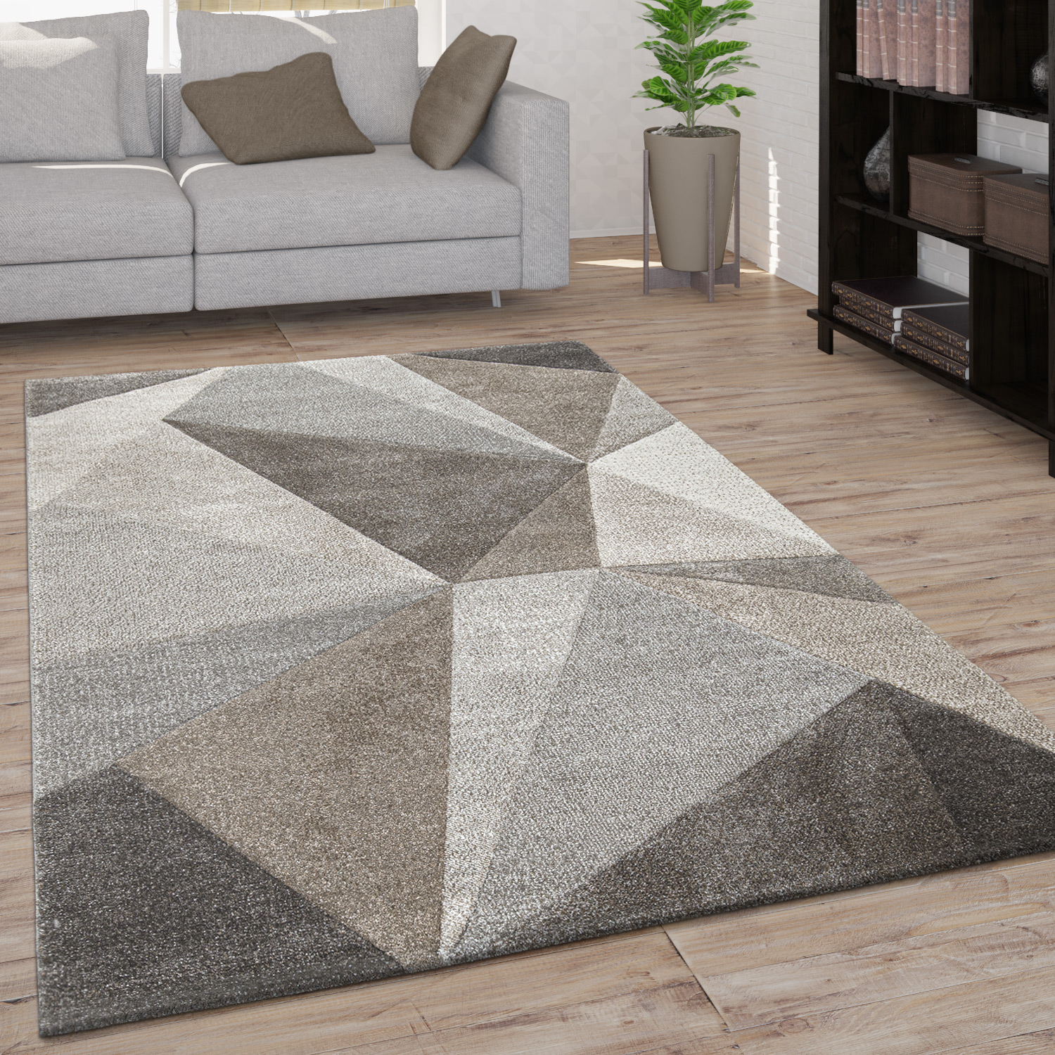 Teppich Wohnzimmer Geometrisches Muster 3D Optik Beige Modern