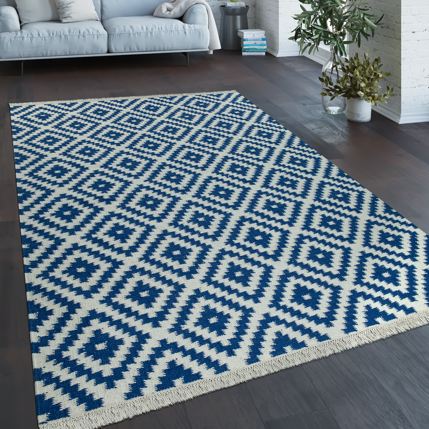 Teppich Orient Muster Handgewebt Skandi Fransen Blau 
