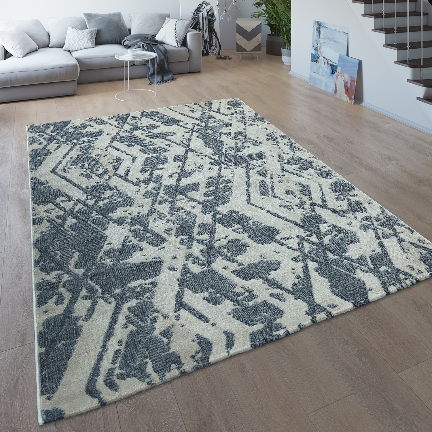 Wohnzimmer-Teppich Kurzflor Rauten-Muster Grau 