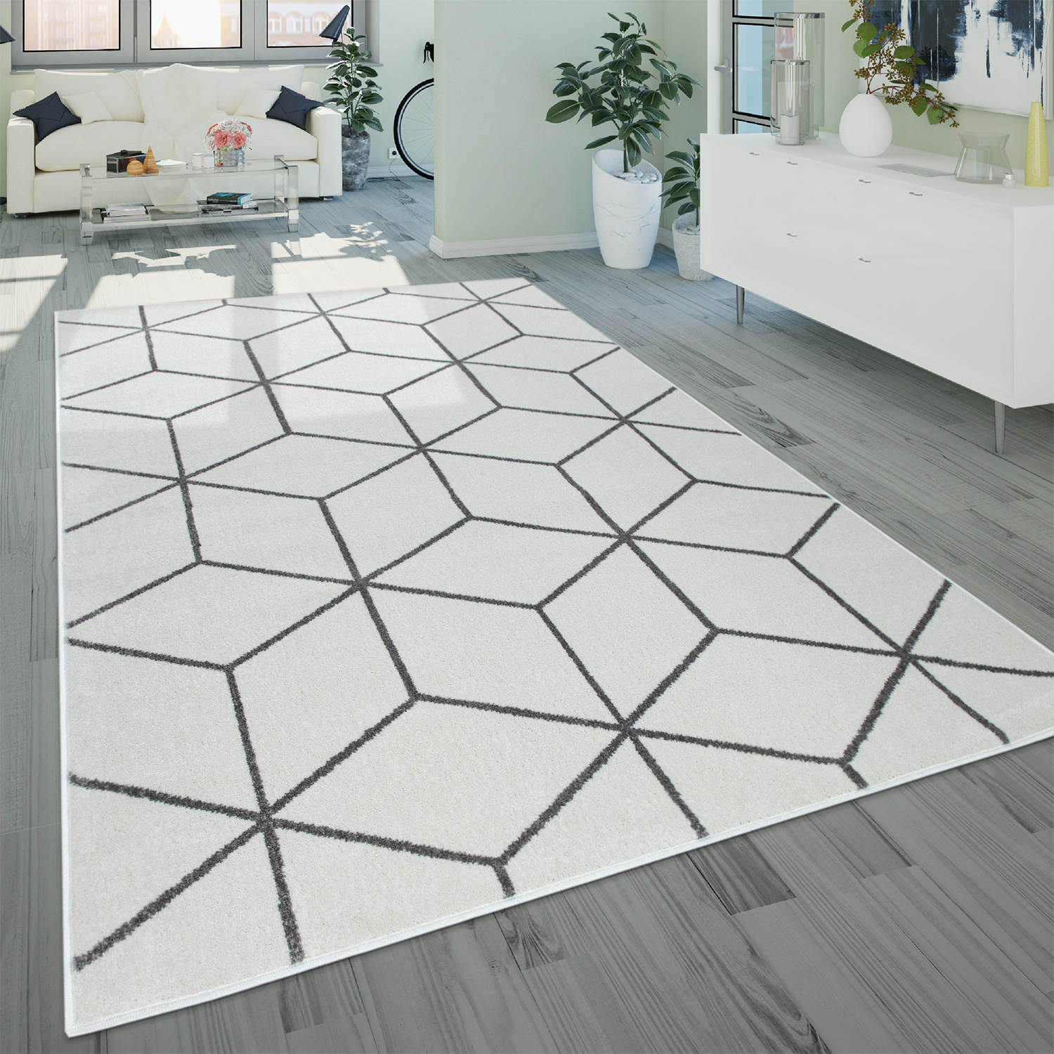 Skandi-Teppich Wohnzimmer Rauten-Muster Weiß 