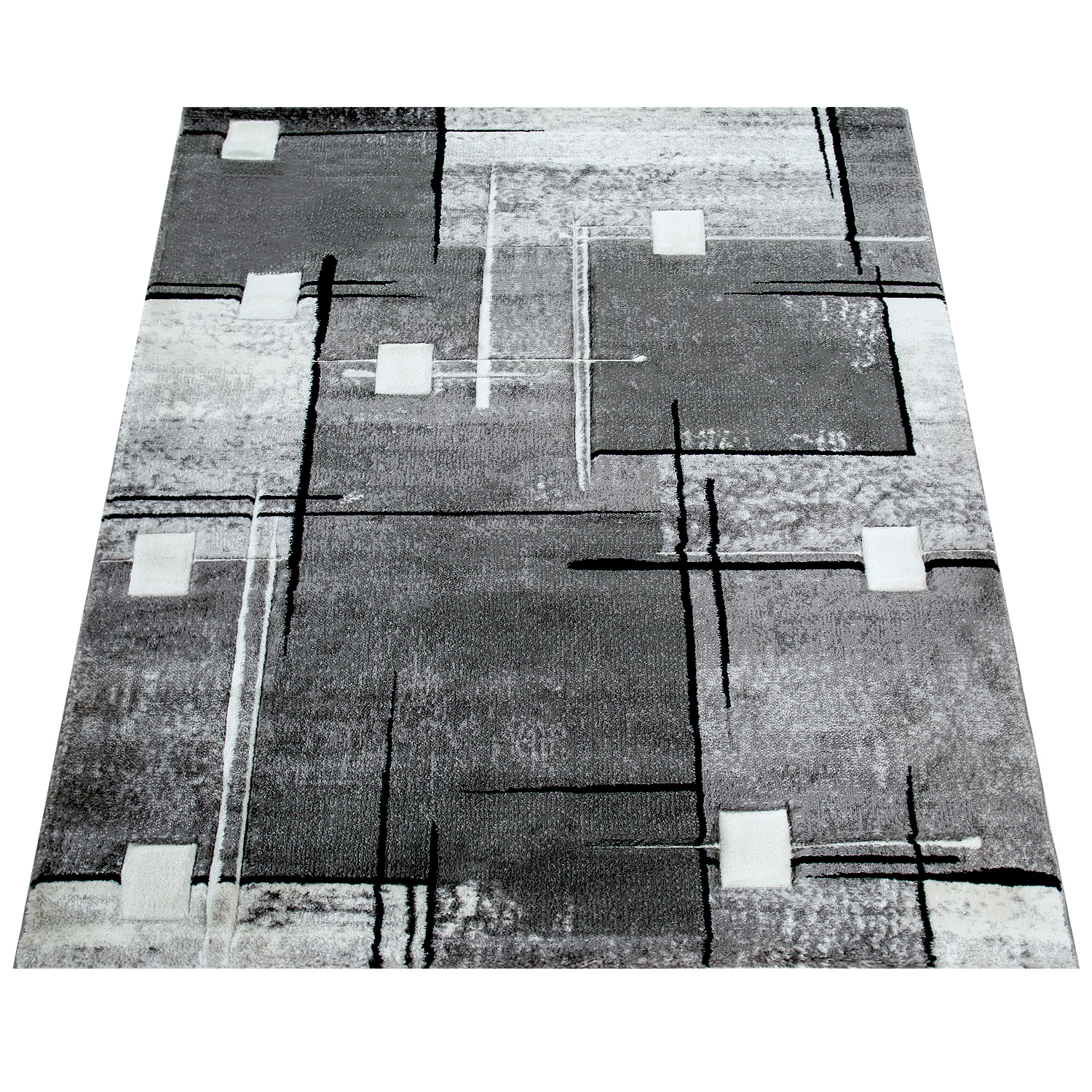 Teppich 3-D Design Karo Muster Linien Meliert Grau Modern