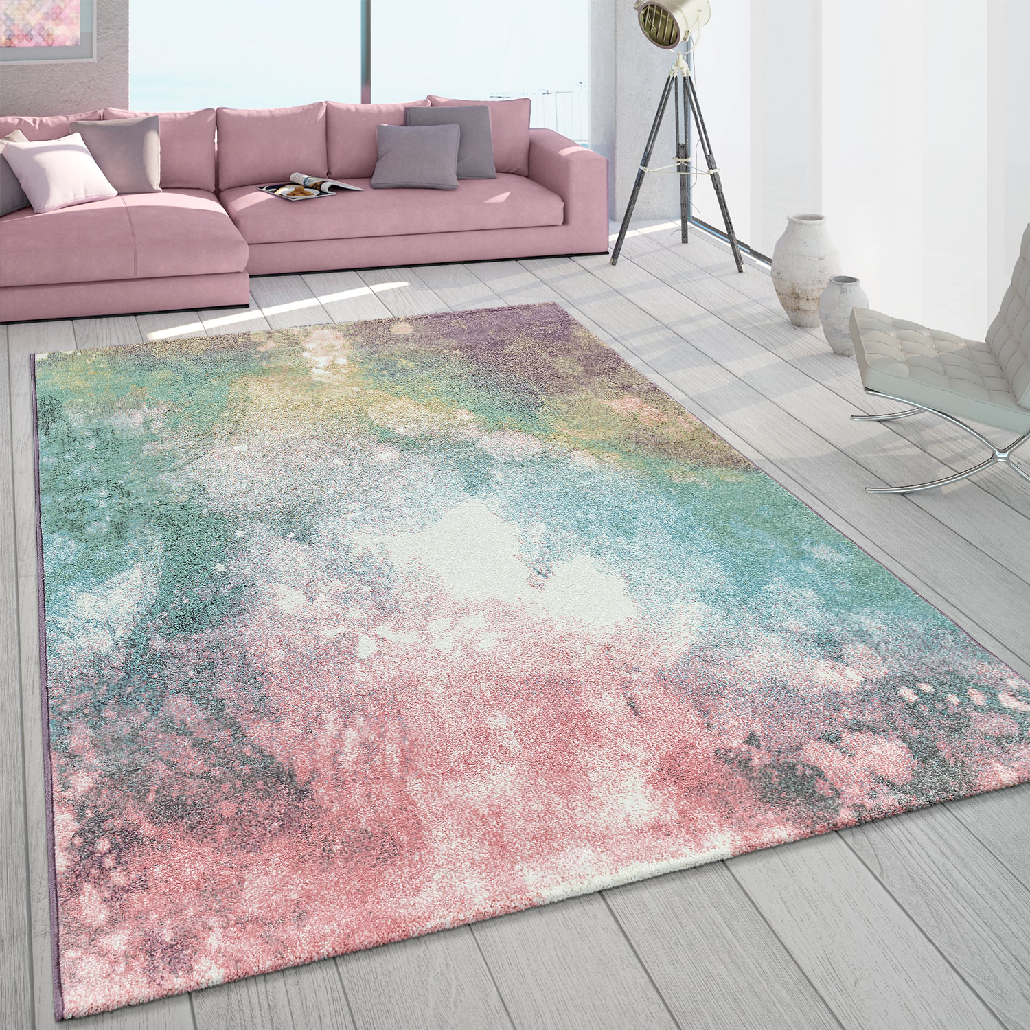 Teppich Wohnzimmer Pastell Farbverlauf Kurzflor Mehrfarbig 