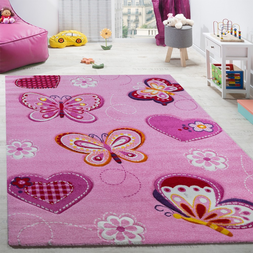 Kinderzimmer Kinderteppich Schmetterling Motive Pink 