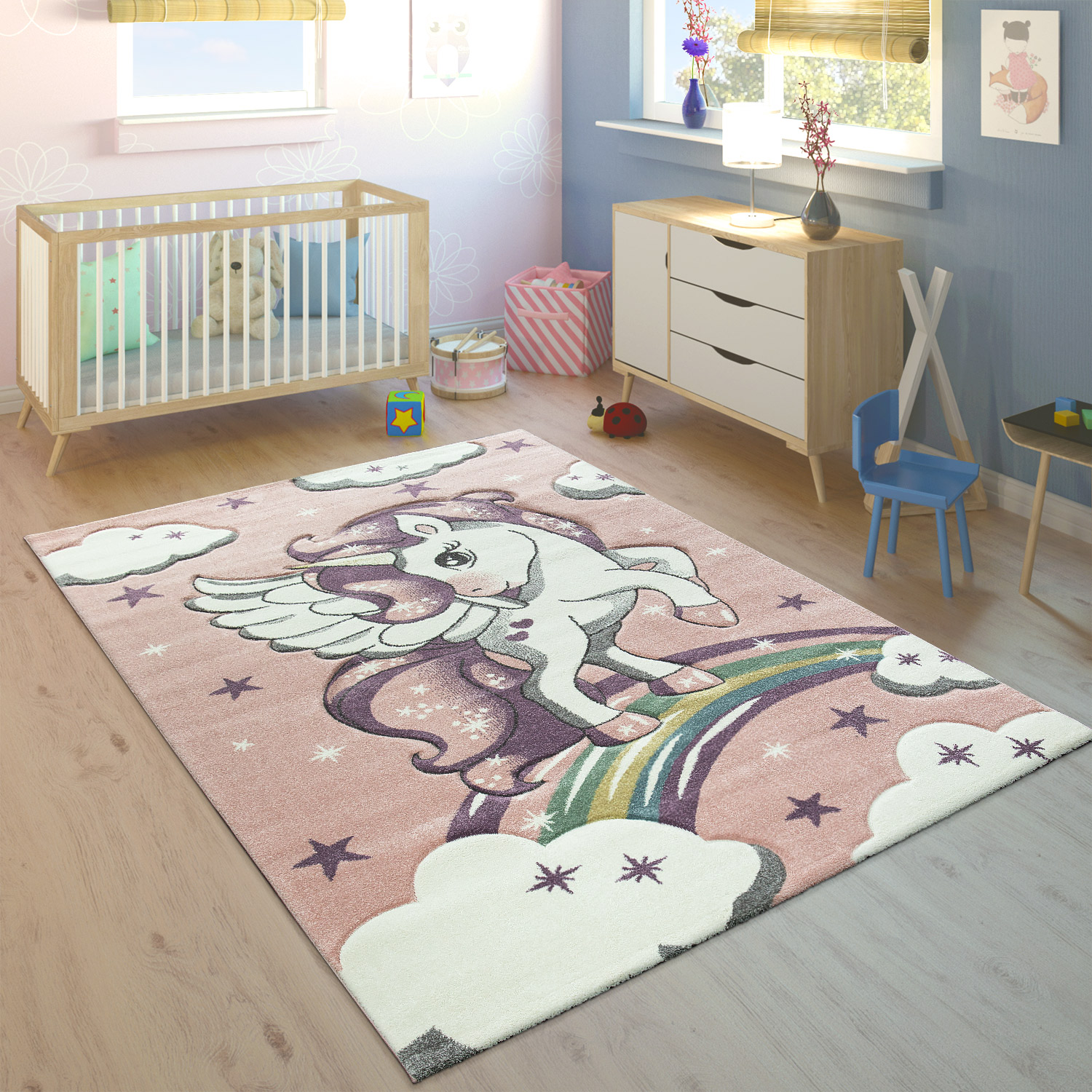 Kinderteppich Kinderzimmer Regenbogen Einhorn 3-D Pink 