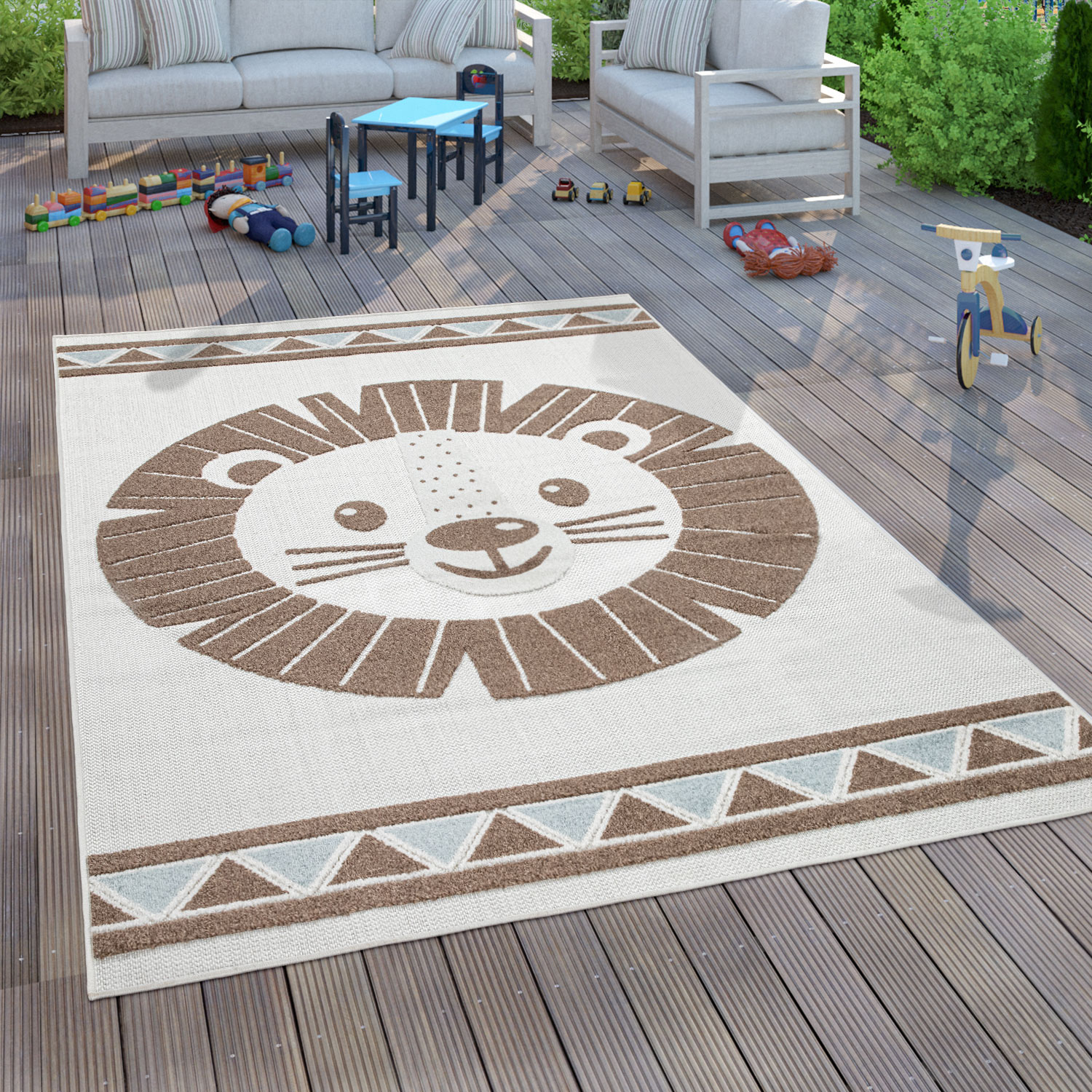 In- & Outdoor Kinderteppich Kinderzimmer 3D Effekt Löwe Beige 