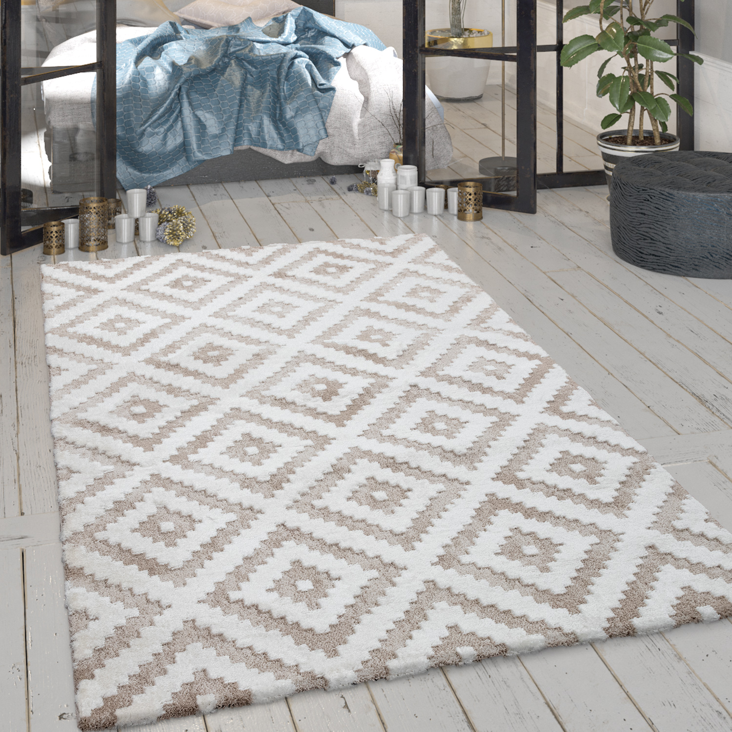 Wohnzimmer-Teppich Glanz-Effekt Rauten Beige 