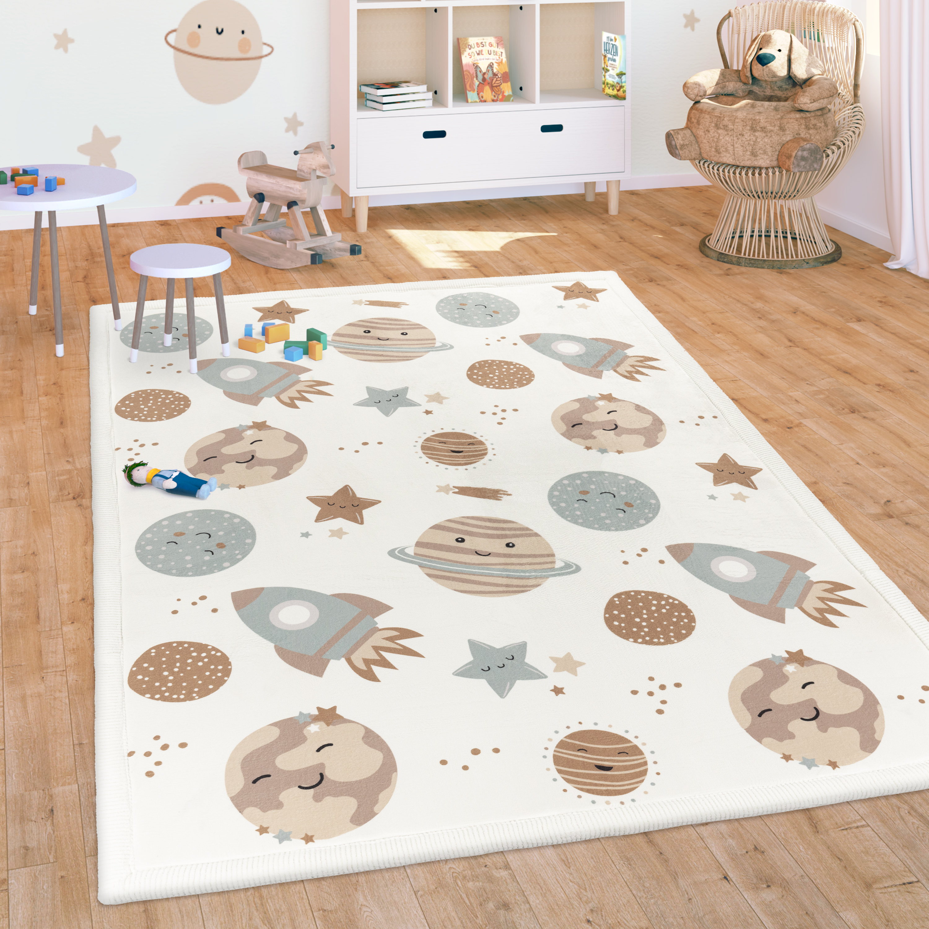 Teppich Kinderzimmer Weltraum Ruschfest Waschbar Mehrfarbig Mit Motiv