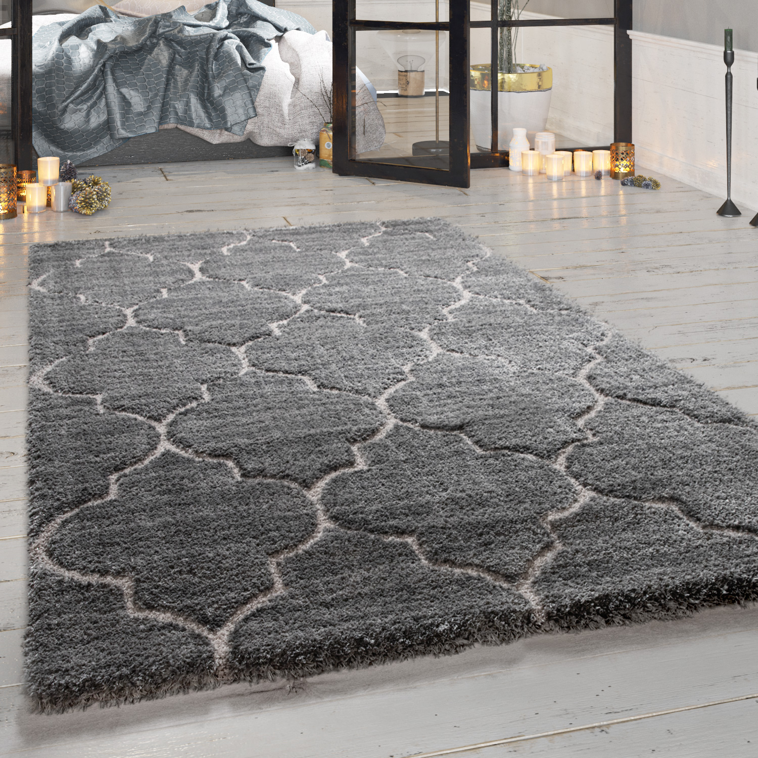 Hochflor-Teppich Wohnzimmer Orient-Design Grau 