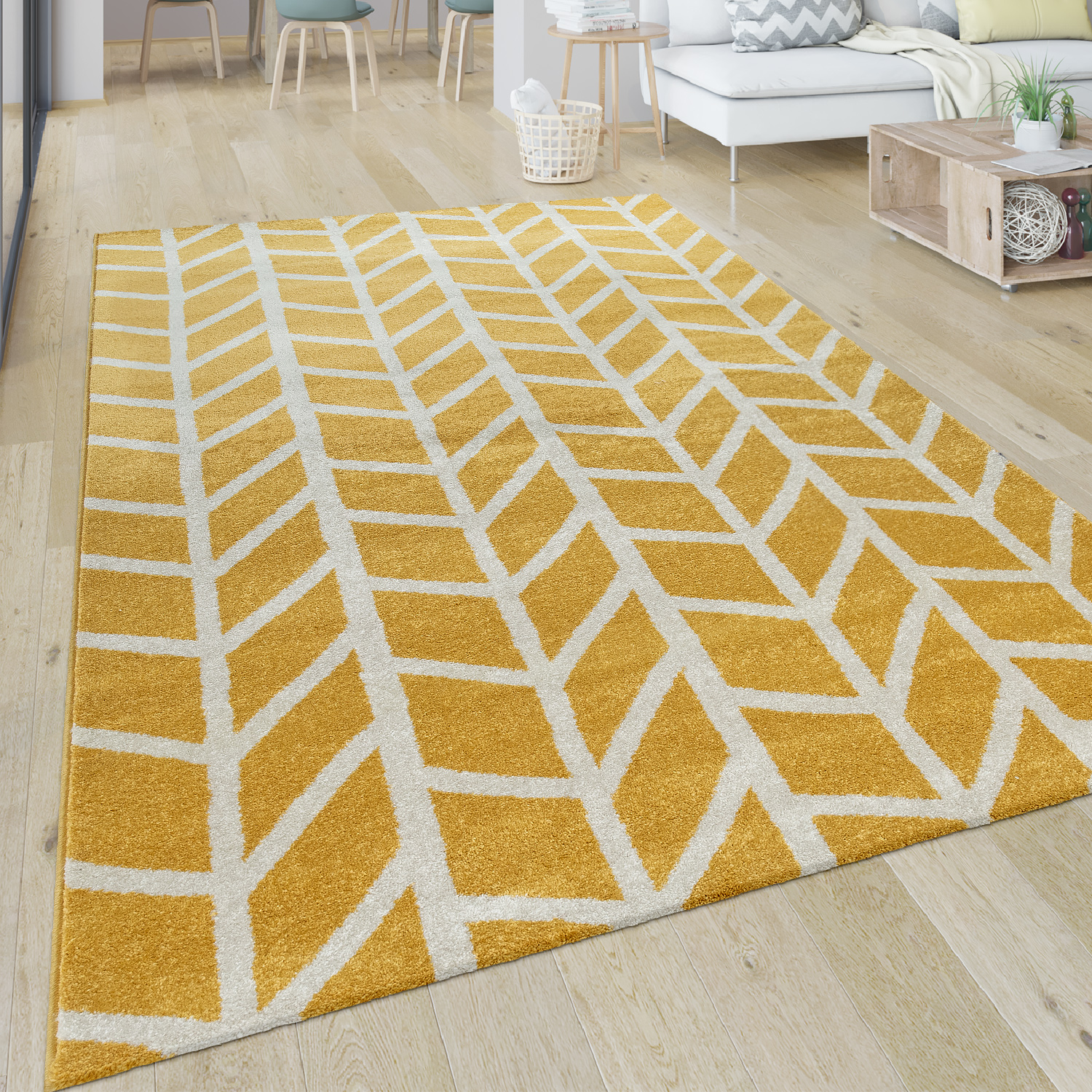 Teppich Wohnzimmer Muster Kurzflor Streifen Gelb 
