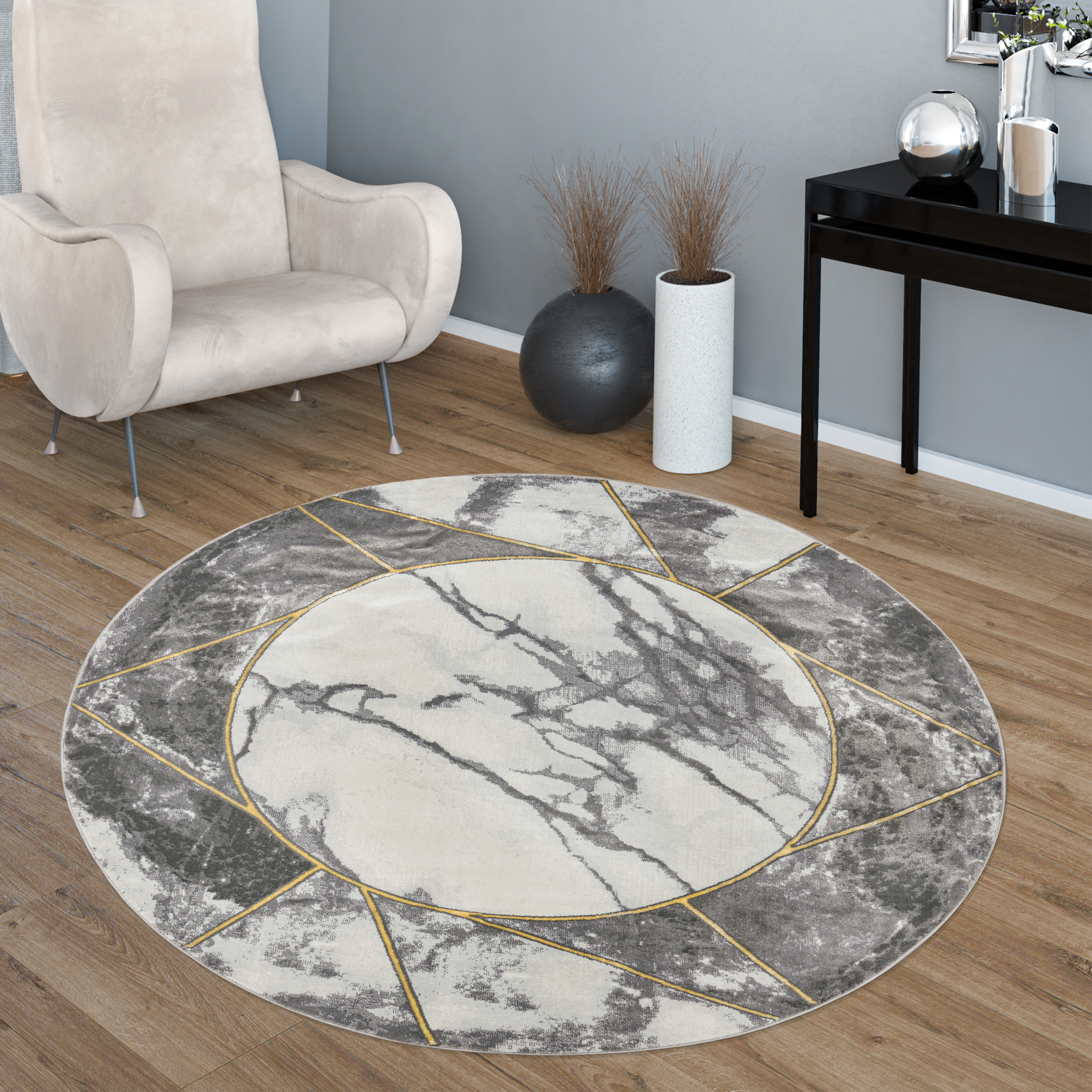 Wohnzimmer Teppich 3-D Bordüre Marmor Muster Gelb 