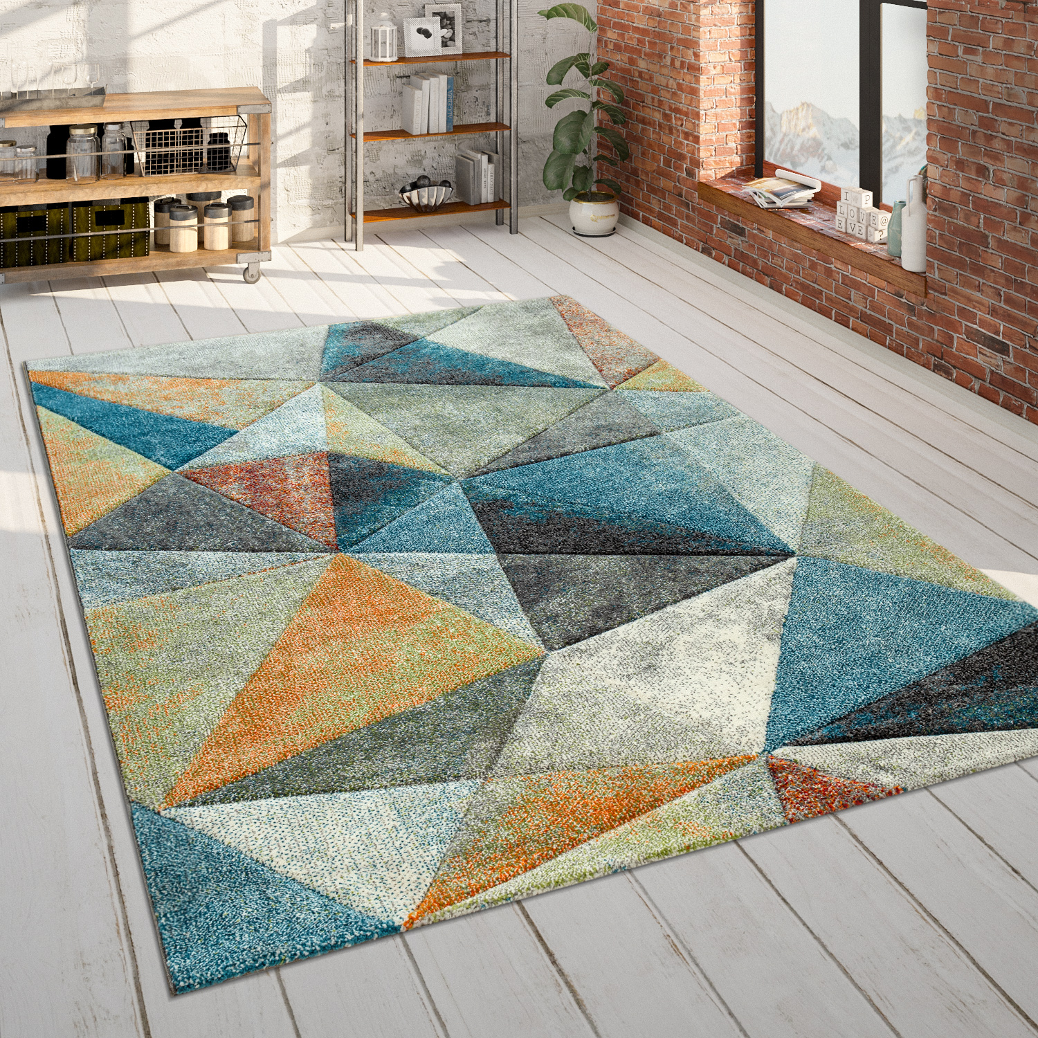 Wohnzimmer Teppich Dreieck Muster 3-D Kurzflor Mehrfarbig 