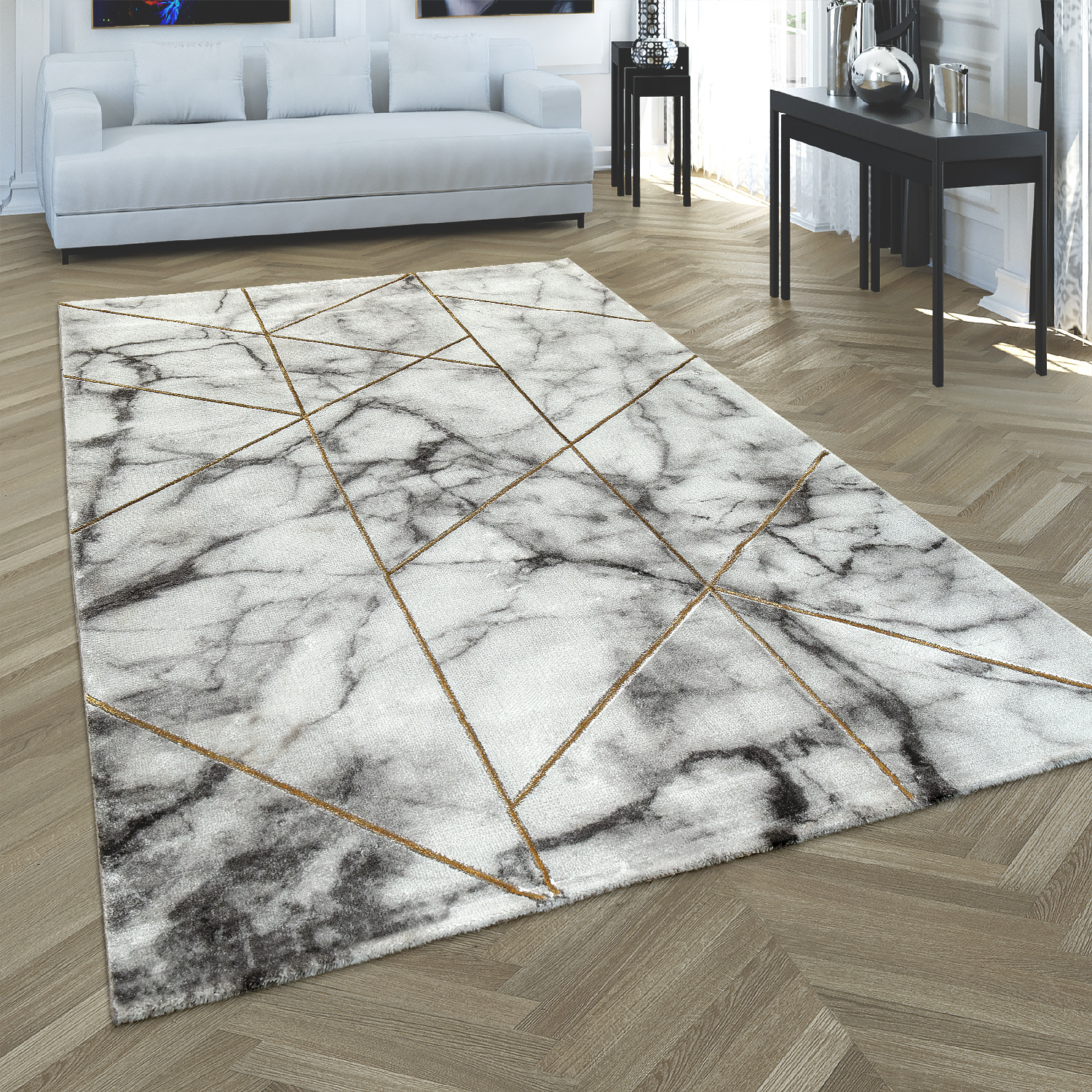 Teppich Marmor Design 3-D Muster Kurzflor Gelb 