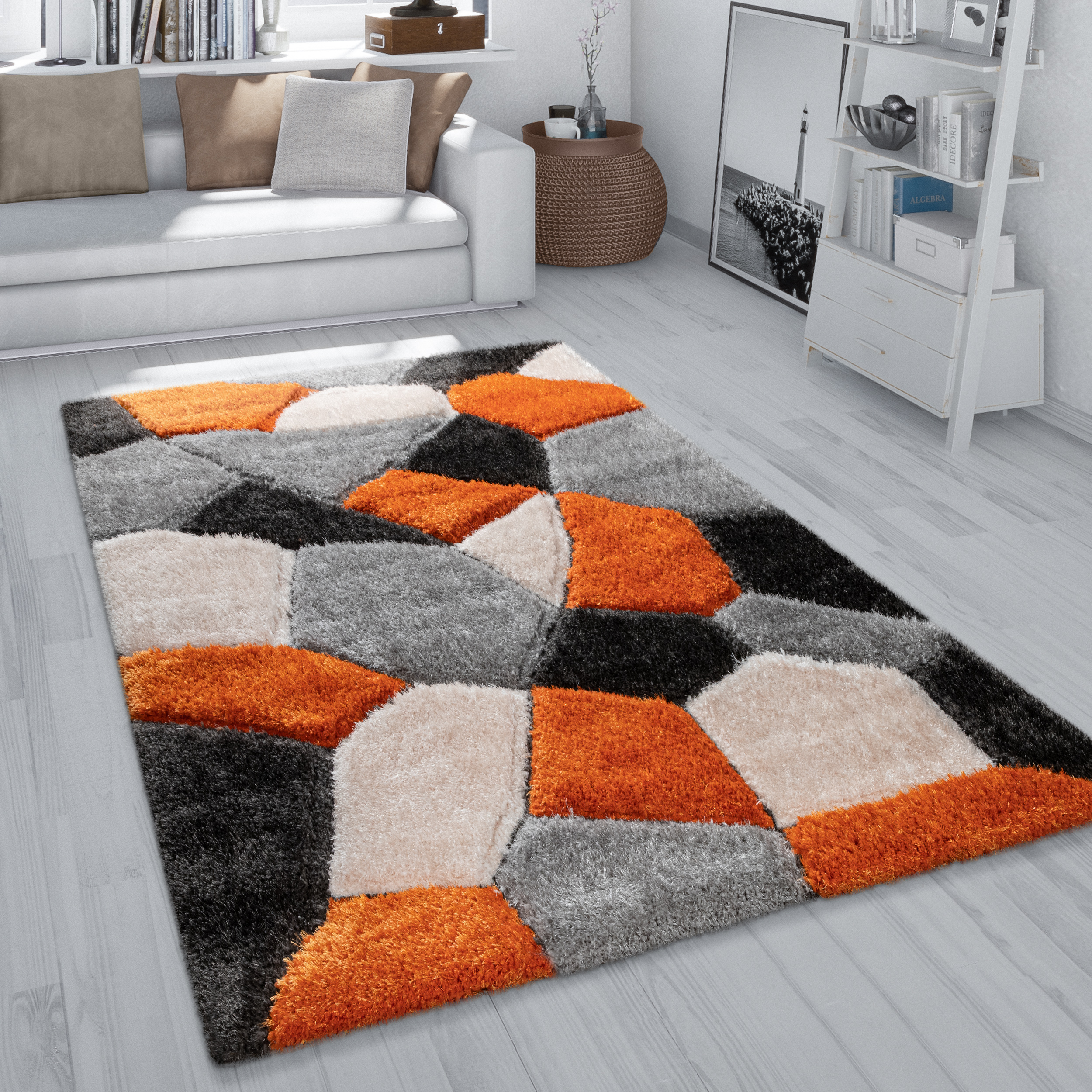 Hochflor Teppich Wohnzimmer Shaggy Muster Abstrakt Orange 