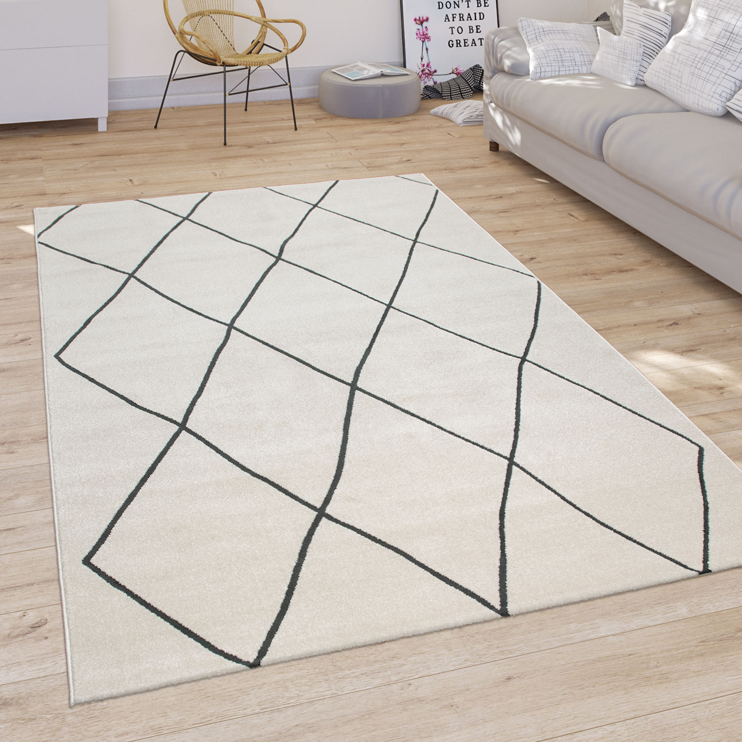 Teppich Wohnzimmer Modernes Rauten Muster Weiß 
