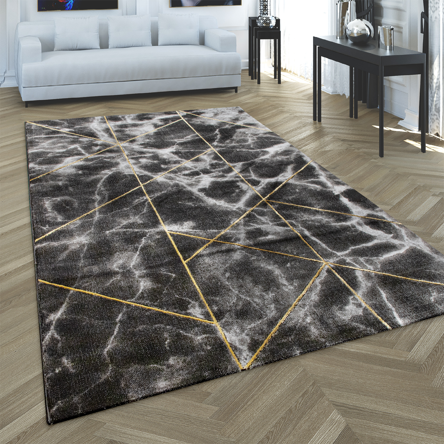 Kurzflor Teppich Wohnzimmer Geo Marmor Muster Gelb Modern