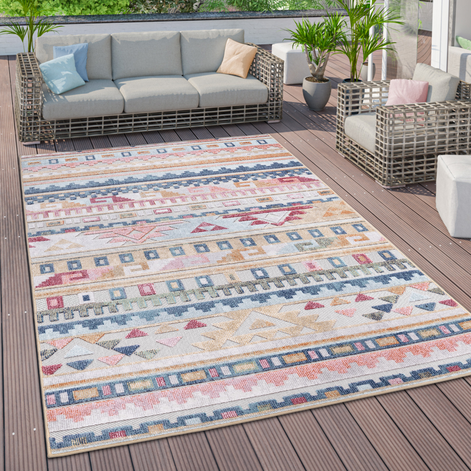 Outdoor Teppich Terrasse Ethno Streifen Muster Mehrfarbig Modern