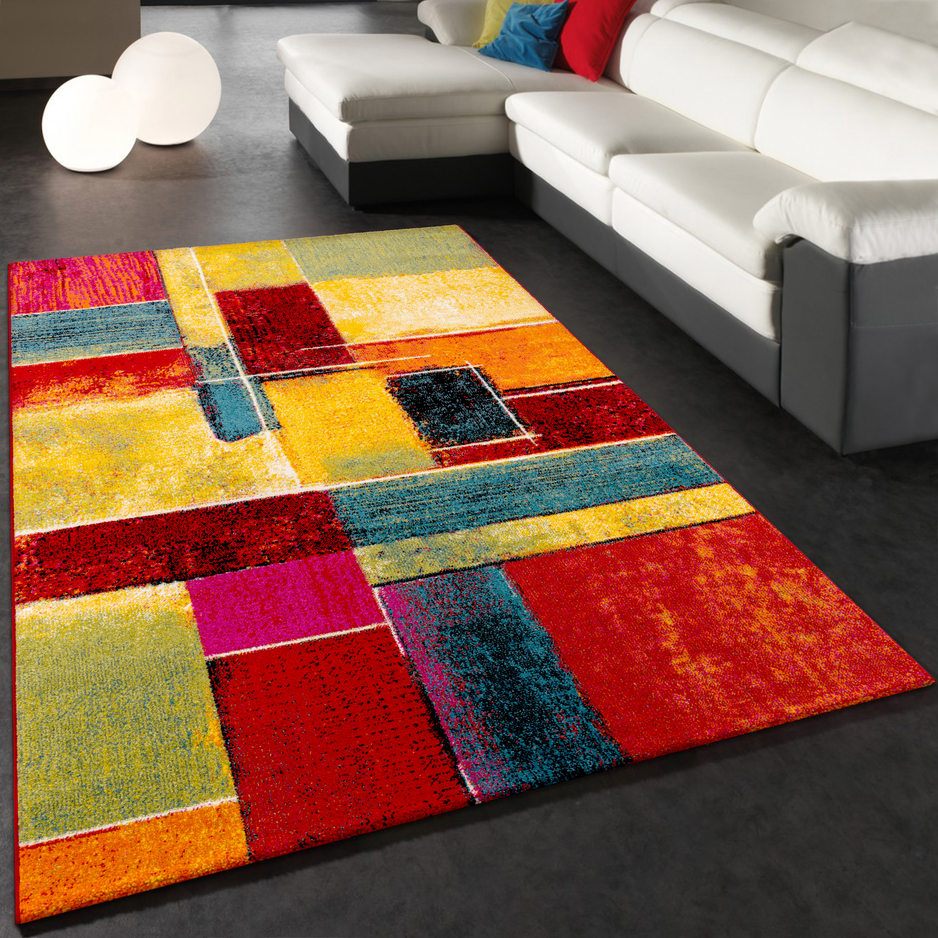 Wohnzimmer Teppich Modern Karo Muster Kurzflor Mehrfarbig 