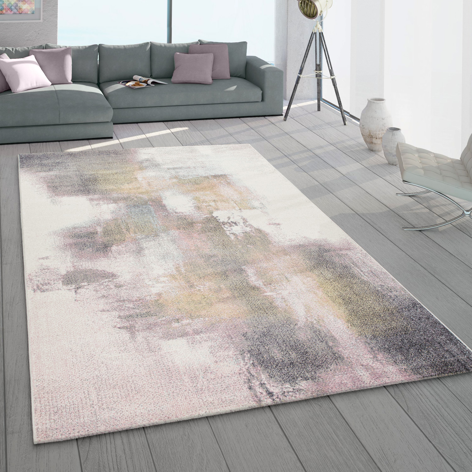 Teppich Wohnzimmer Kurzflor Abstrakt Pastell Tönen Mehrfarbig Modern