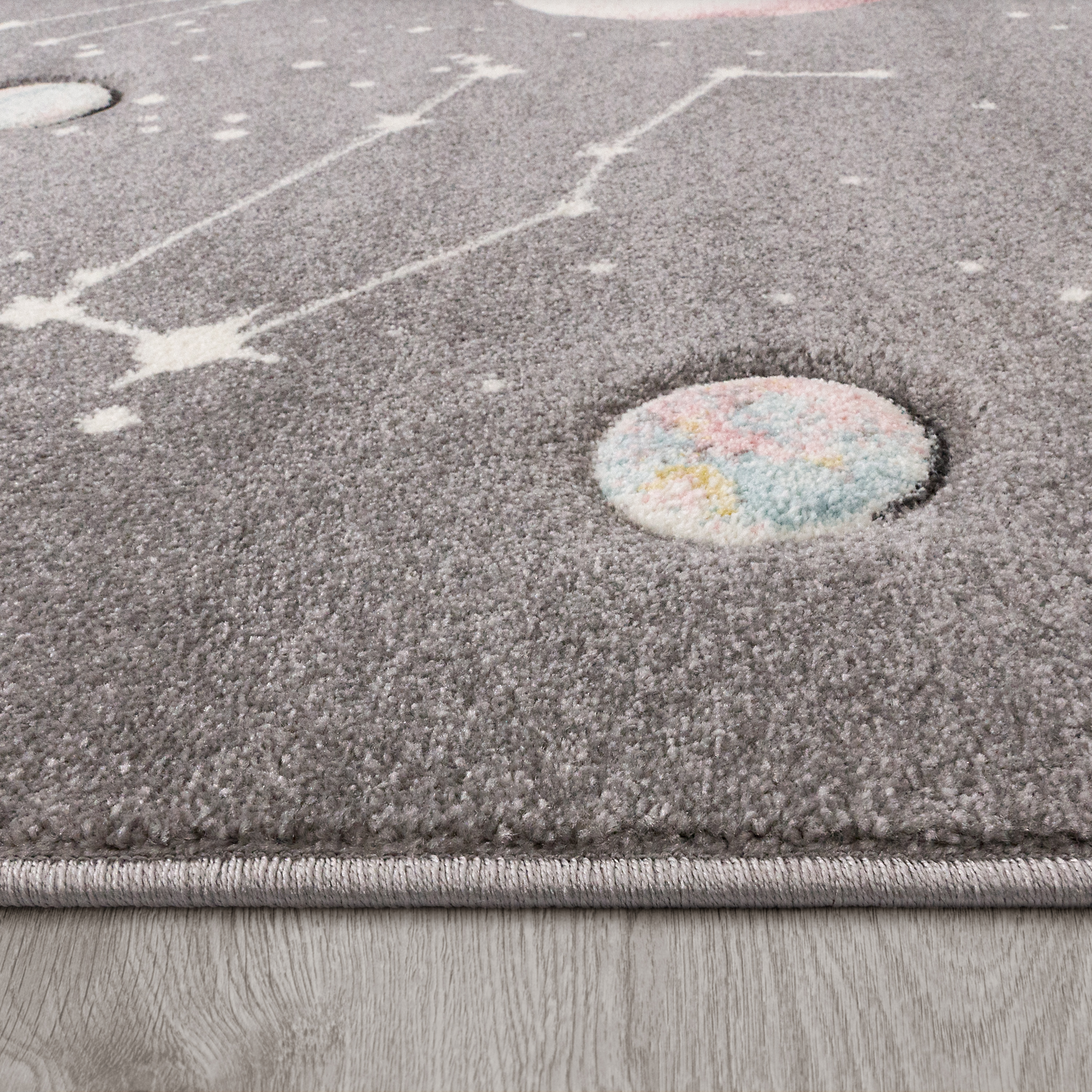 Kinder-Teppich Kinderzimmer Planeten Sterne Grau 