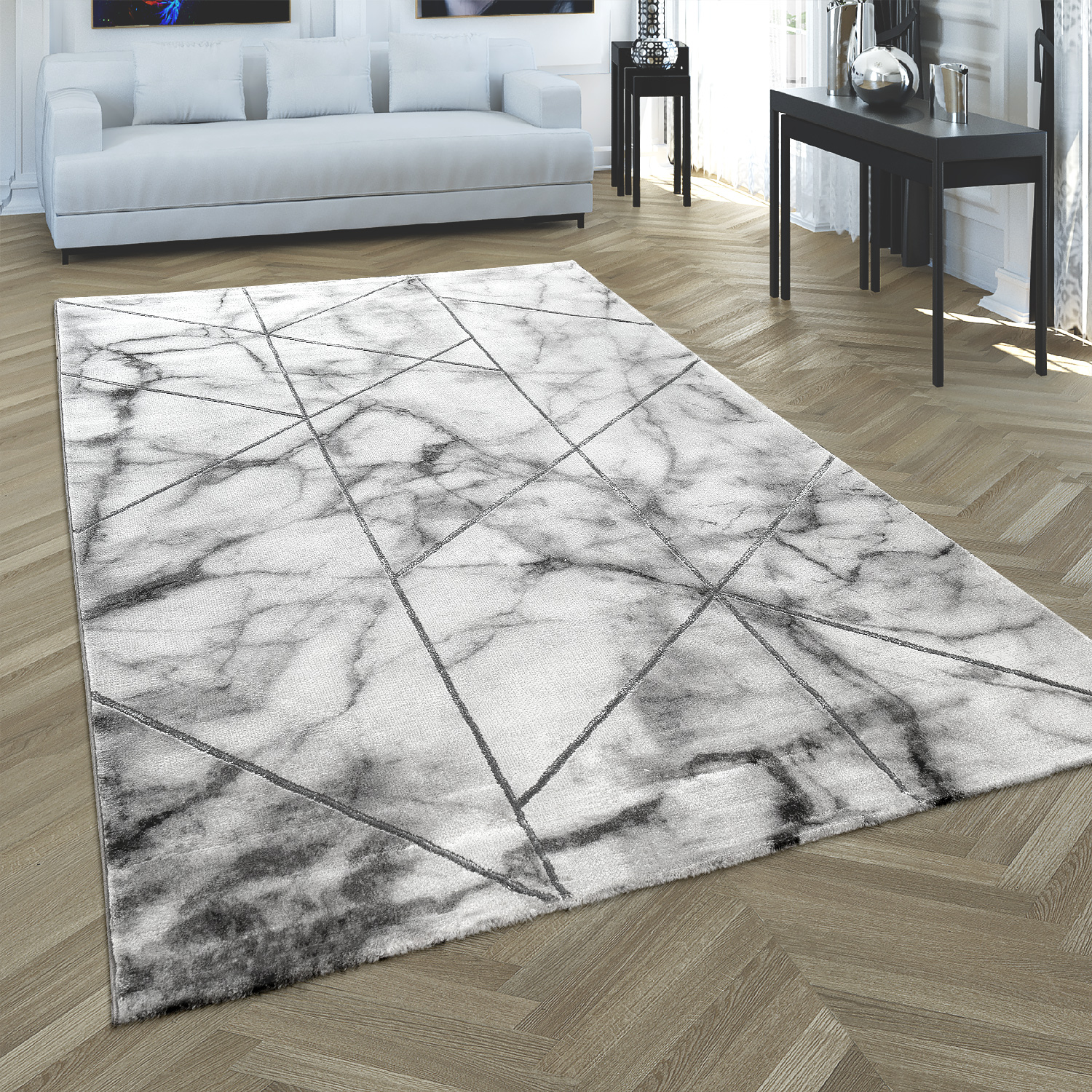 Teppich Marmor Design 3-D Muster Kurzflor Grau 