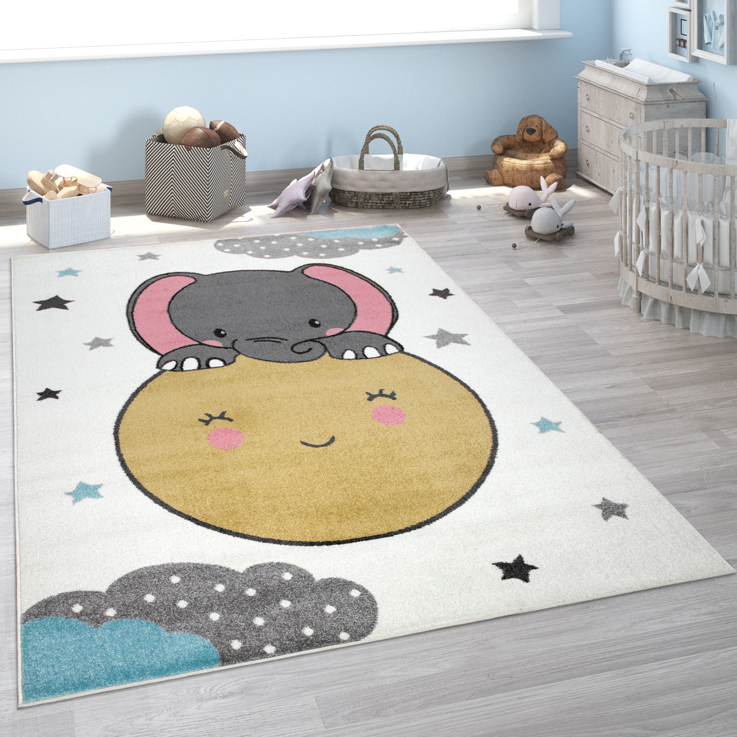 Kinder-Teppich Kinderzimmer Elefant Mond Beige 