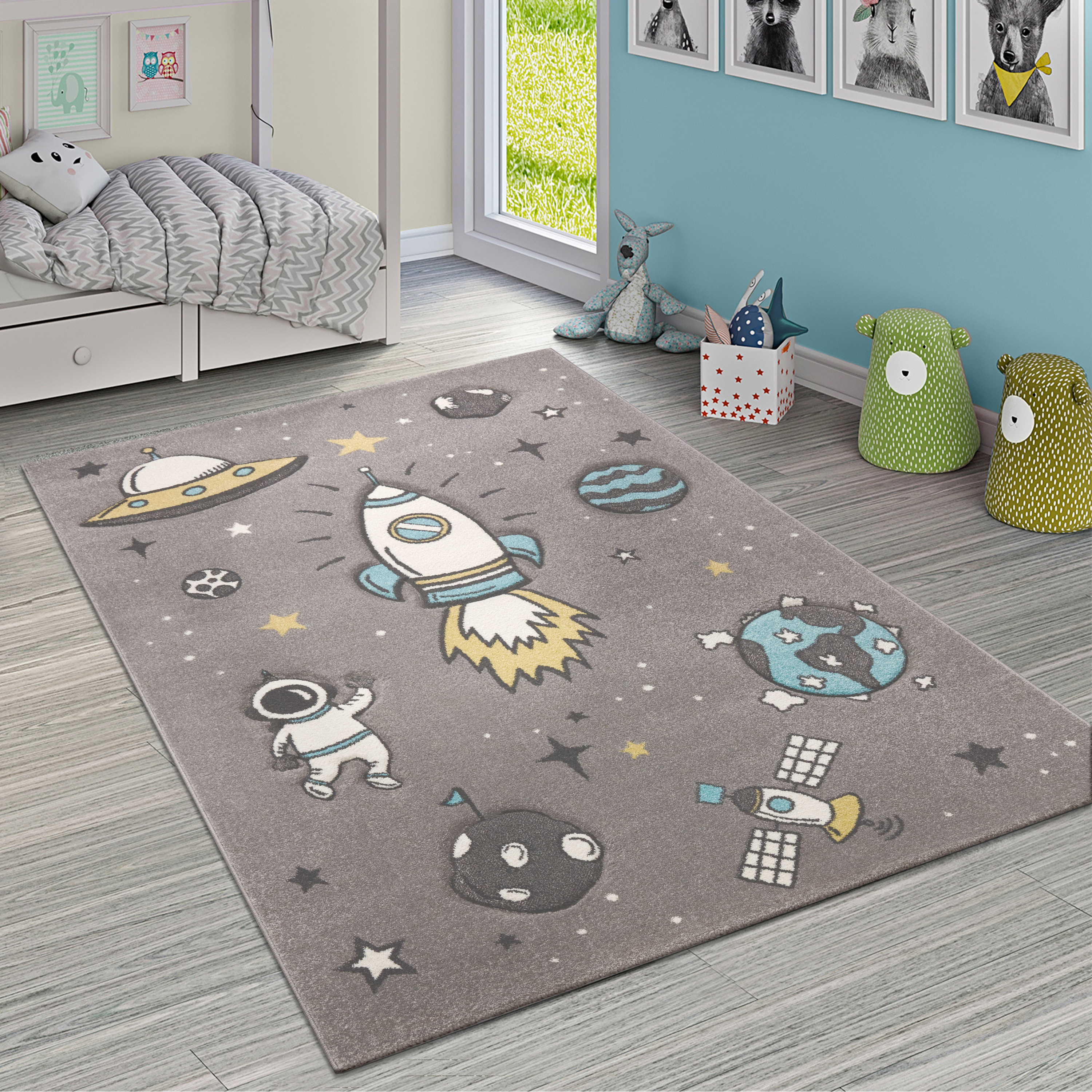 Kinderzimmer Teppich Rakete Weltall Astronaut Mond Grau 