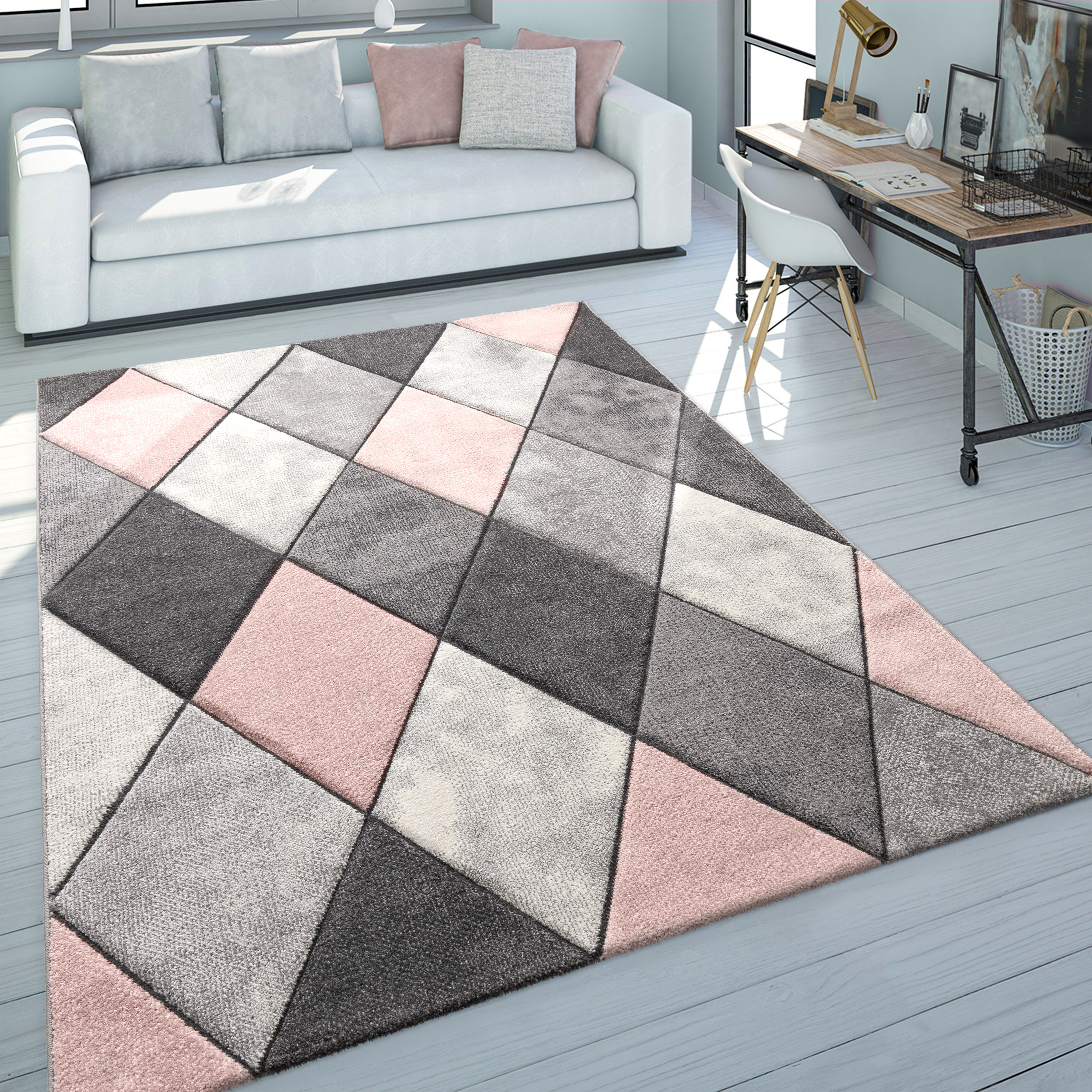 Esszimmer Teppich Rautenmuster Geometrisch Modern Pink Modern